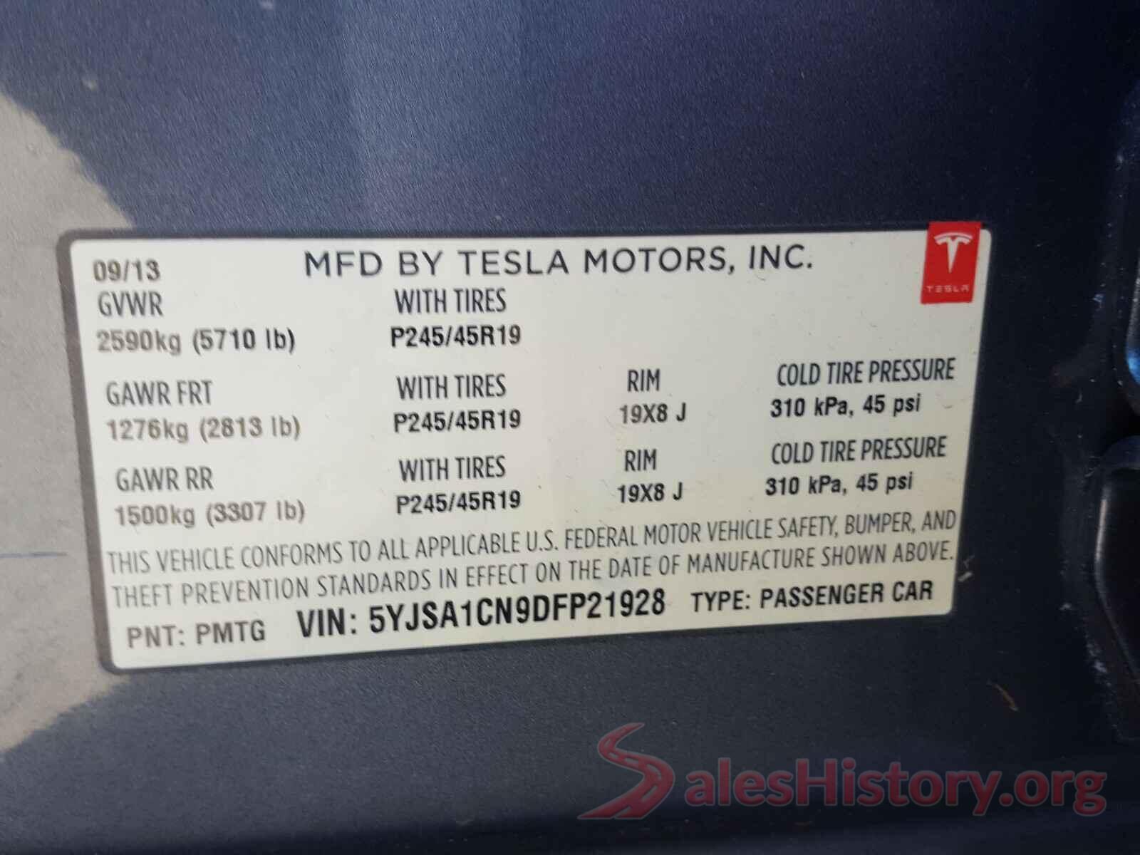 5YJSA1CN9DFP21928 2013 TESLA MODEL S