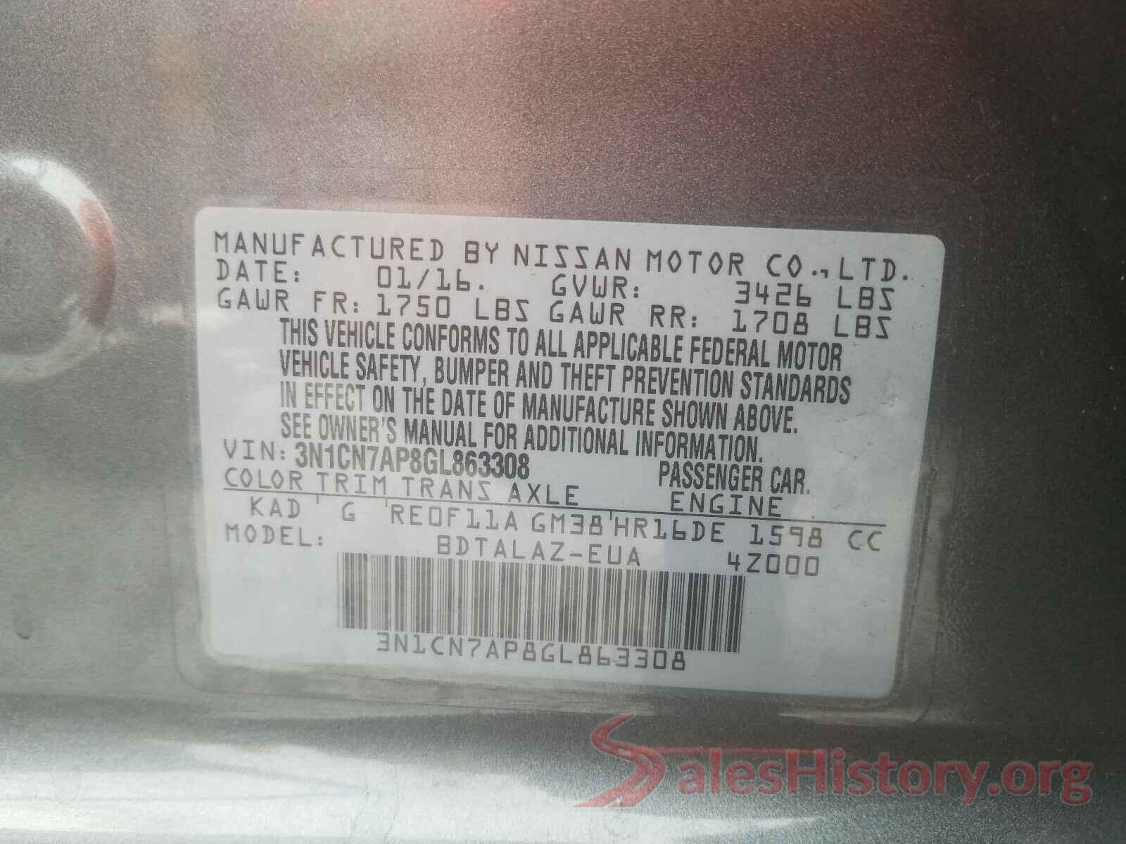 3N1CN7AP8GL863308 2016 NISSAN VERSA