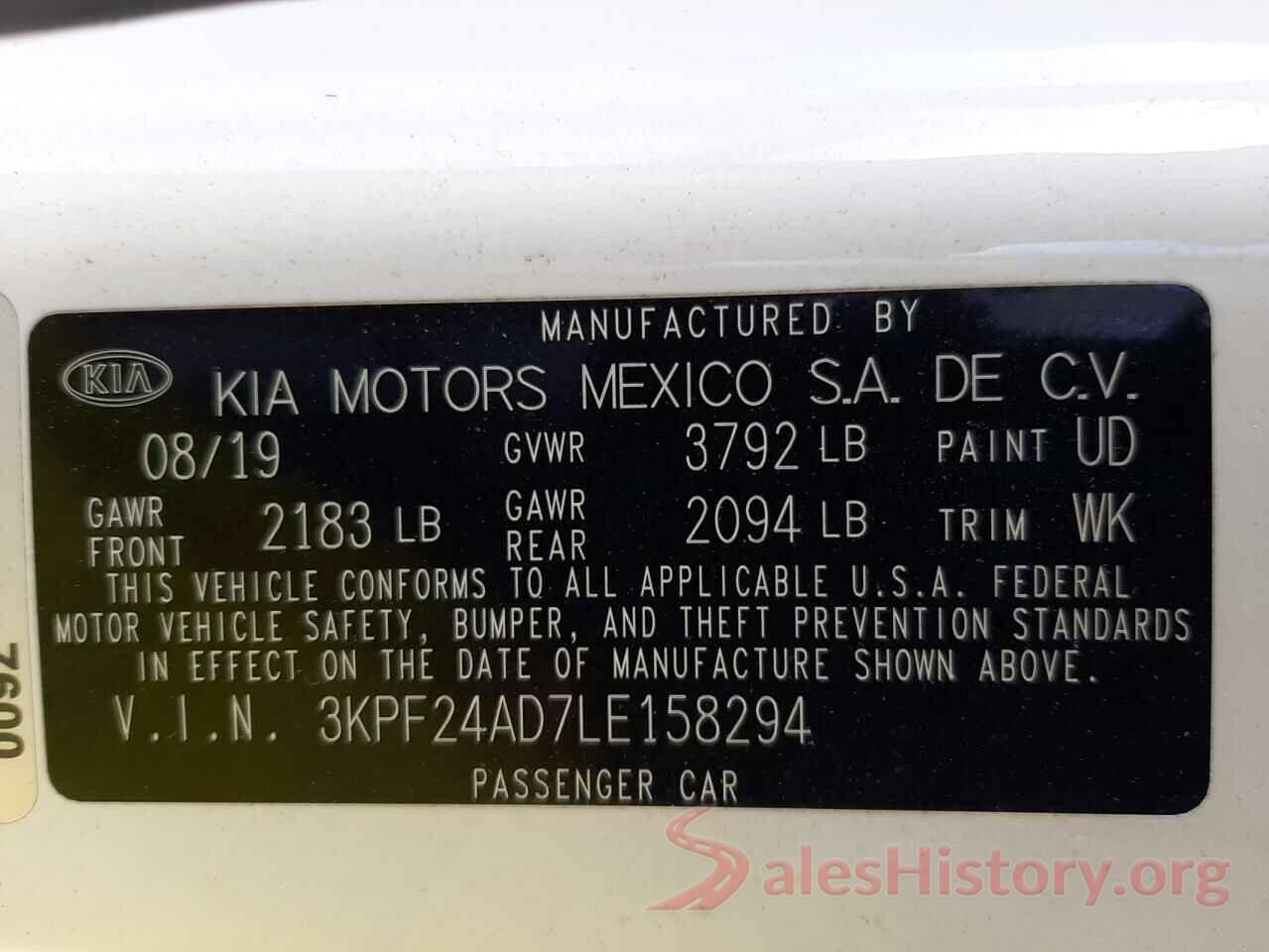 3KPF24AD7LE158294 2020 KIA FORTE