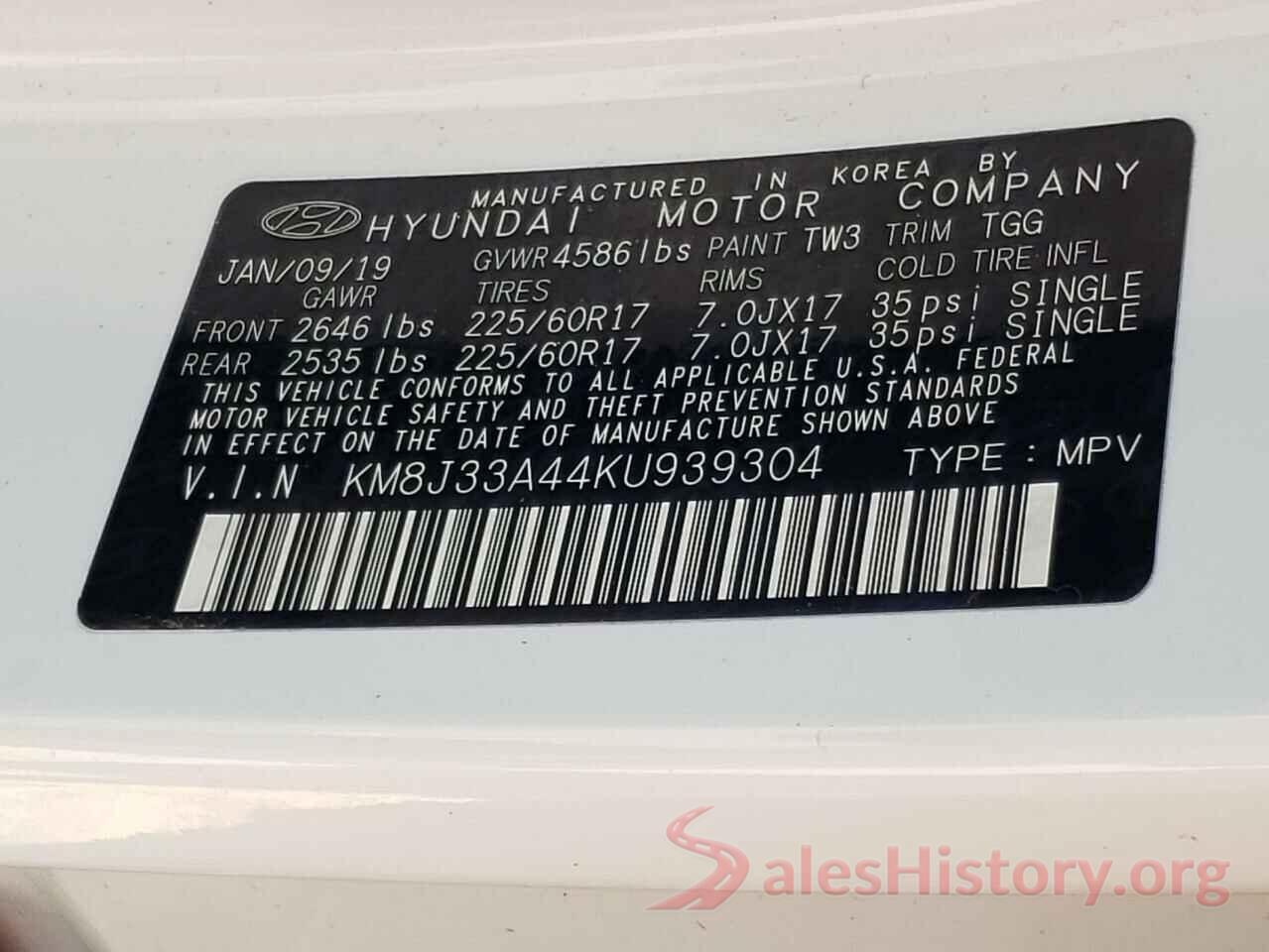 KM8J33A44KU939304 2019 HYUNDAI TUCSON