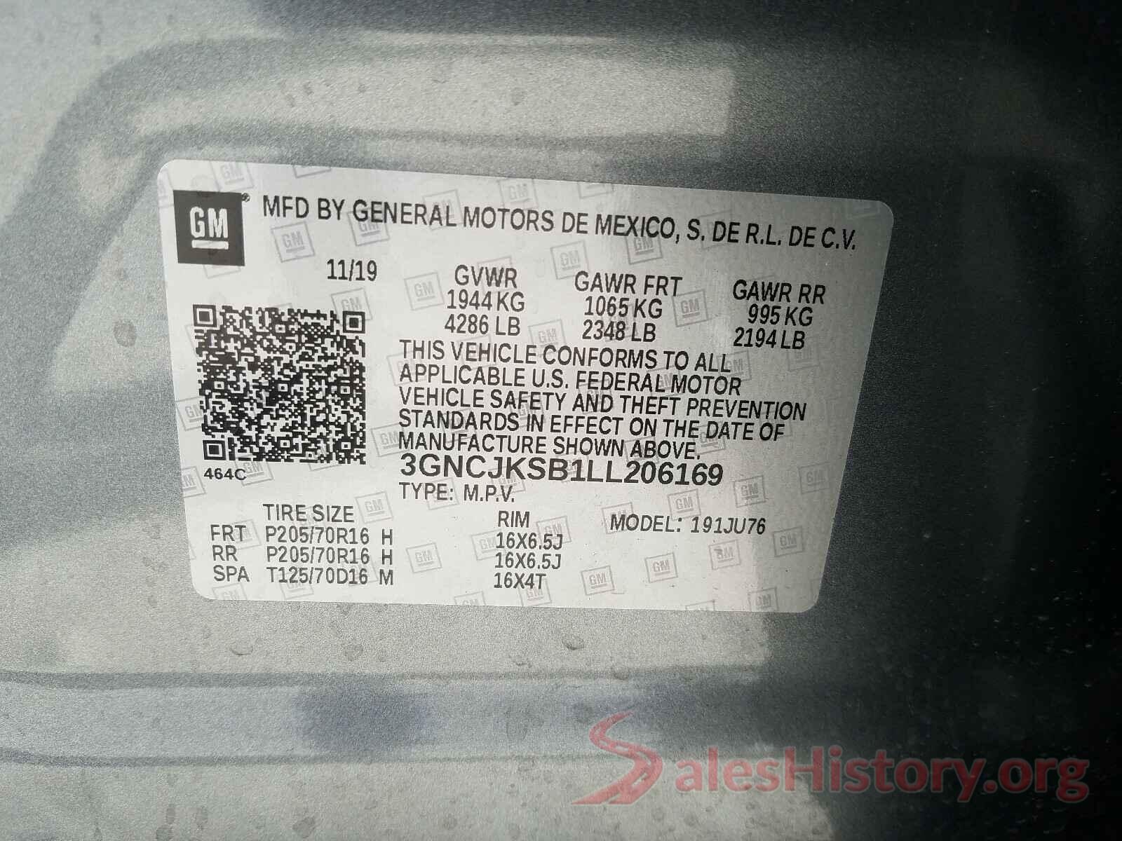 3GNCJKSB1LL206169 2020 CHEVROLET TRAX