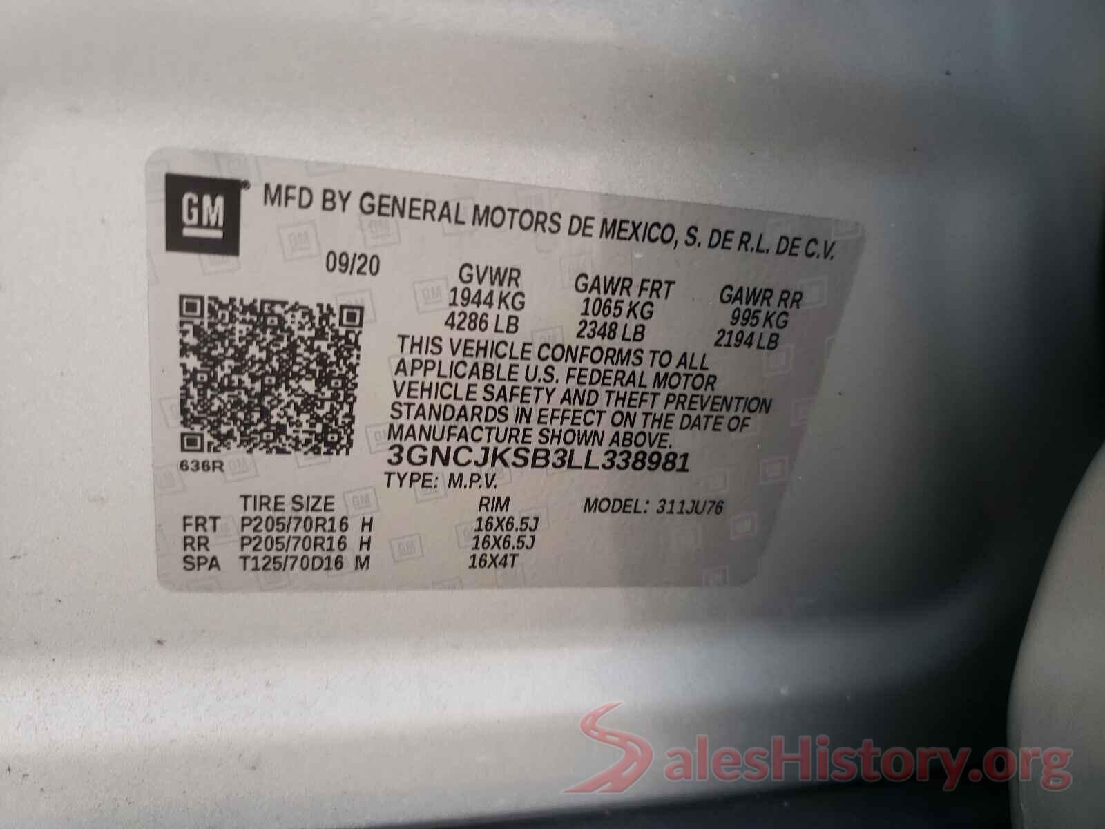 3GNCJKSB3LL338981 2020 CHEVROLET TRAX