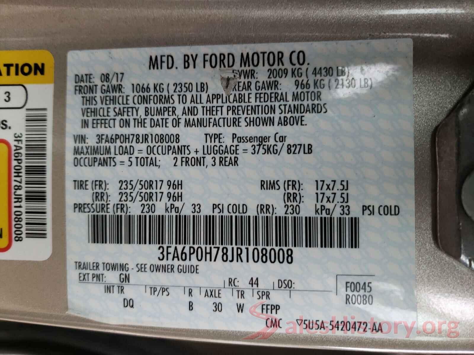 3FA6P0H78JR108008 2018 FORD FUSION