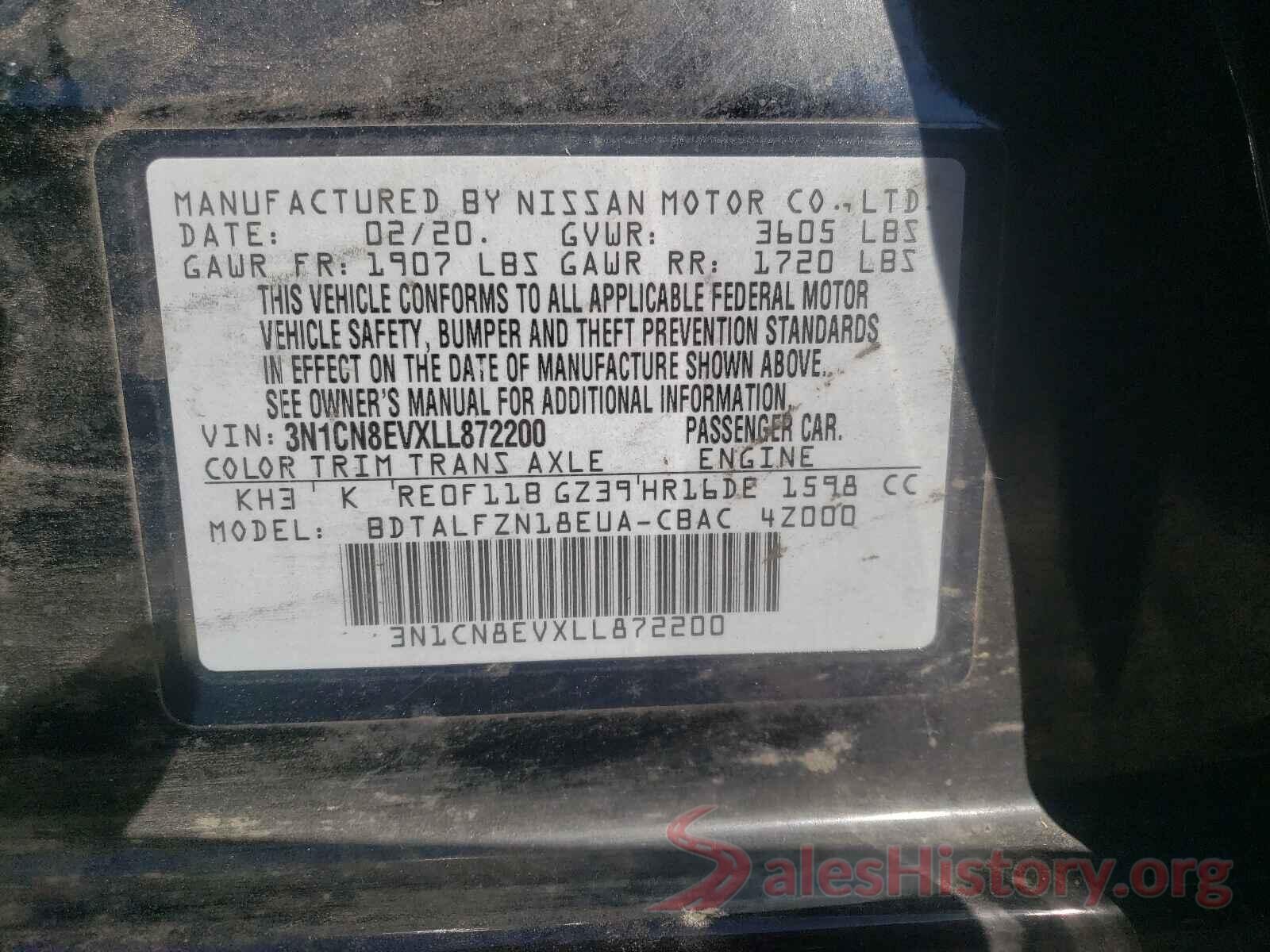 3N1CN8EVXLL872200 2020 NISSAN VERSA