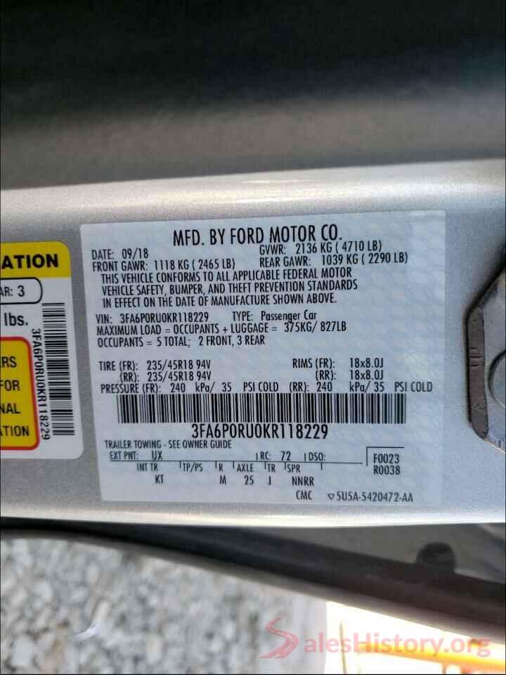 3FA6P0RU0KR118229 2019 FORD FUSION