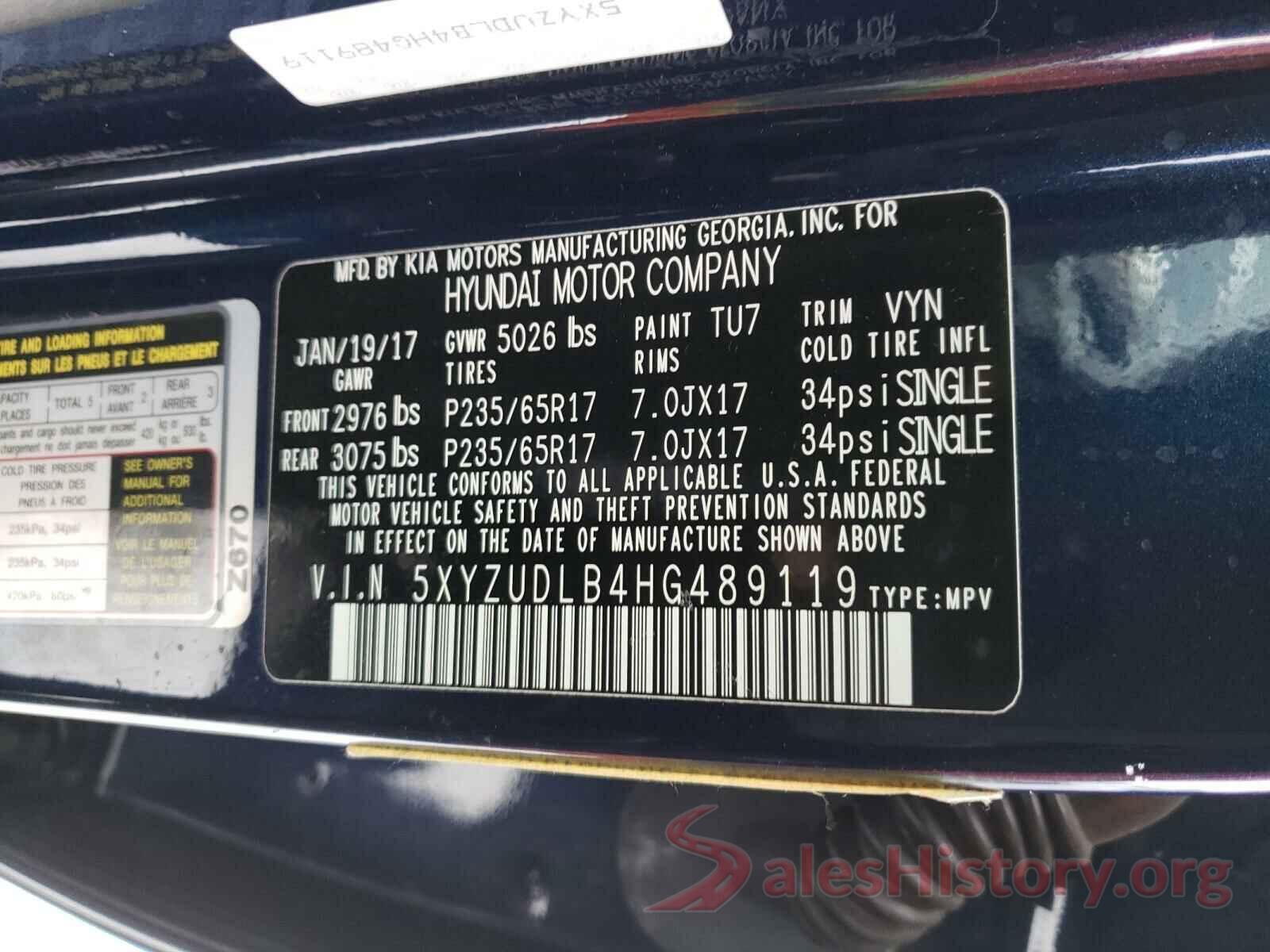 5XYZUDLB4HG489119 2017 HYUNDAI SANTA FE