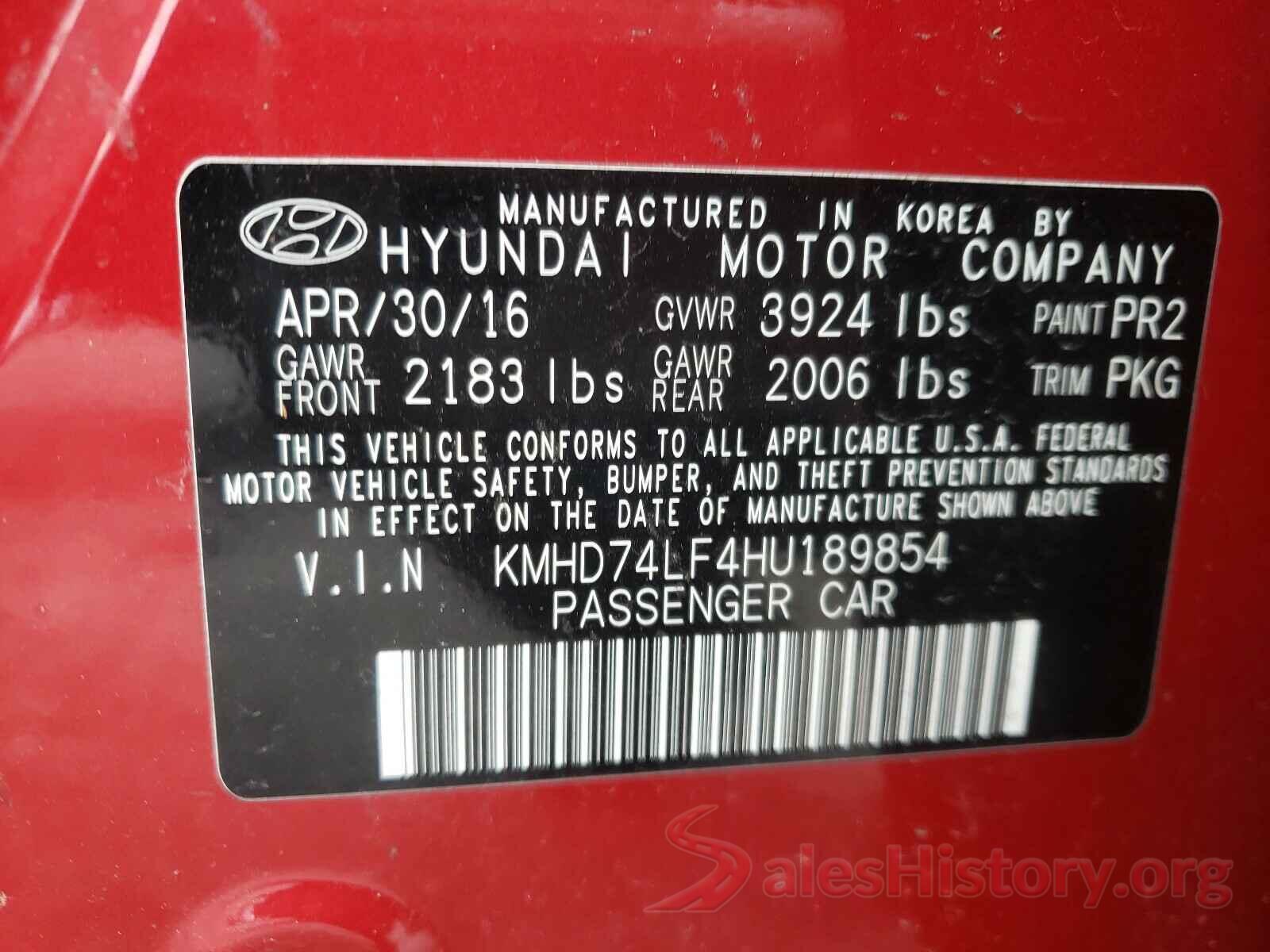 KMHD74LF4HU189854 2017 HYUNDAI ELANTRA