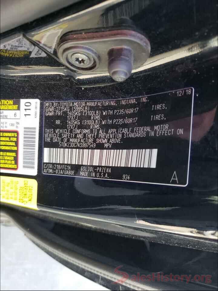 5TDKZ3DC7KS997549 2019 TOYOTA SIENNA