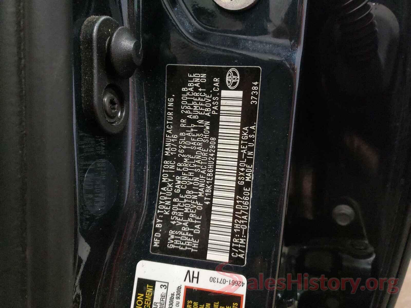 4T1BK1EB6HU242908 2017 TOYOTA AVALON