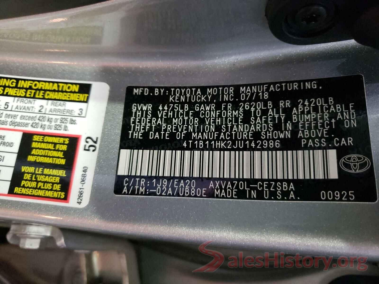 4T1B11HK2JU142986 2018 TOYOTA CAMRY