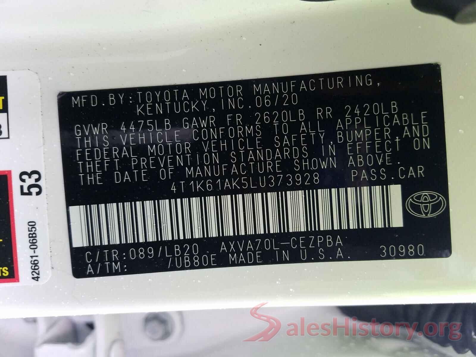 4T1K61AK5LU373928 2020 TOYOTA CAMRY