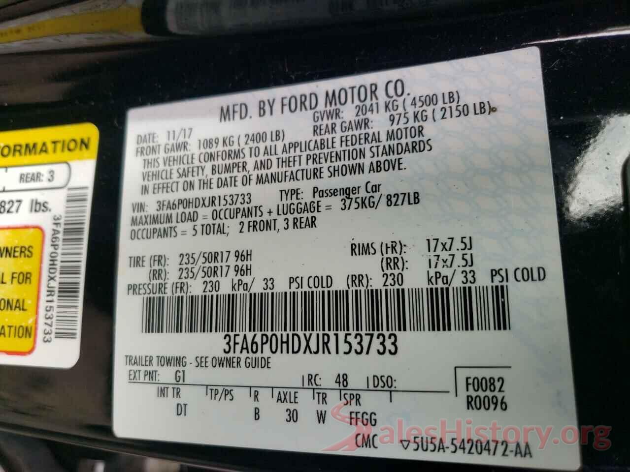 3FA6P0HDXJR153733 2018 FORD FUSION