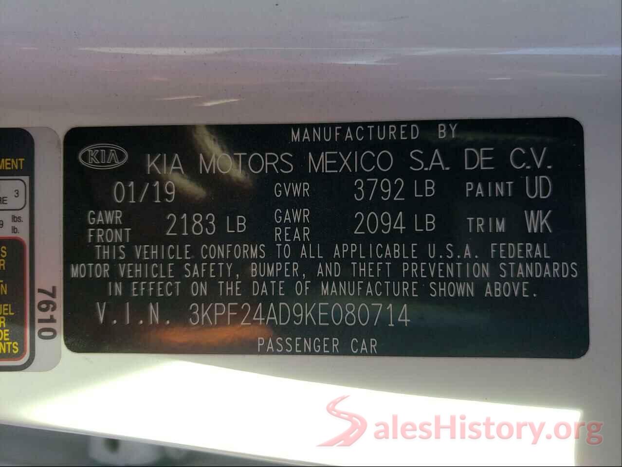 3KPF24AD9KE080714 2019 KIA FORTE