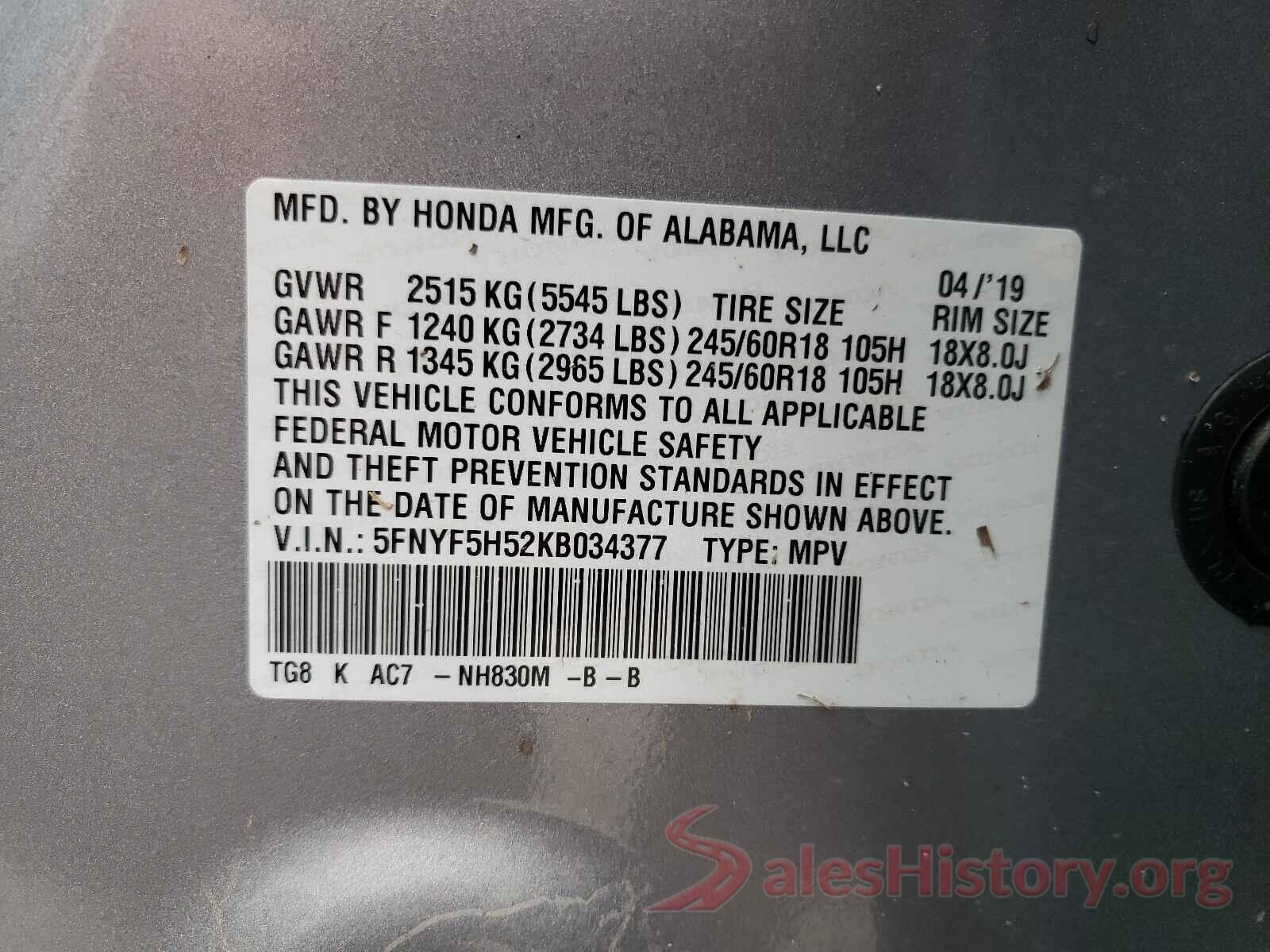 5FNYF5H52KB034377 2019 HONDA PILOT