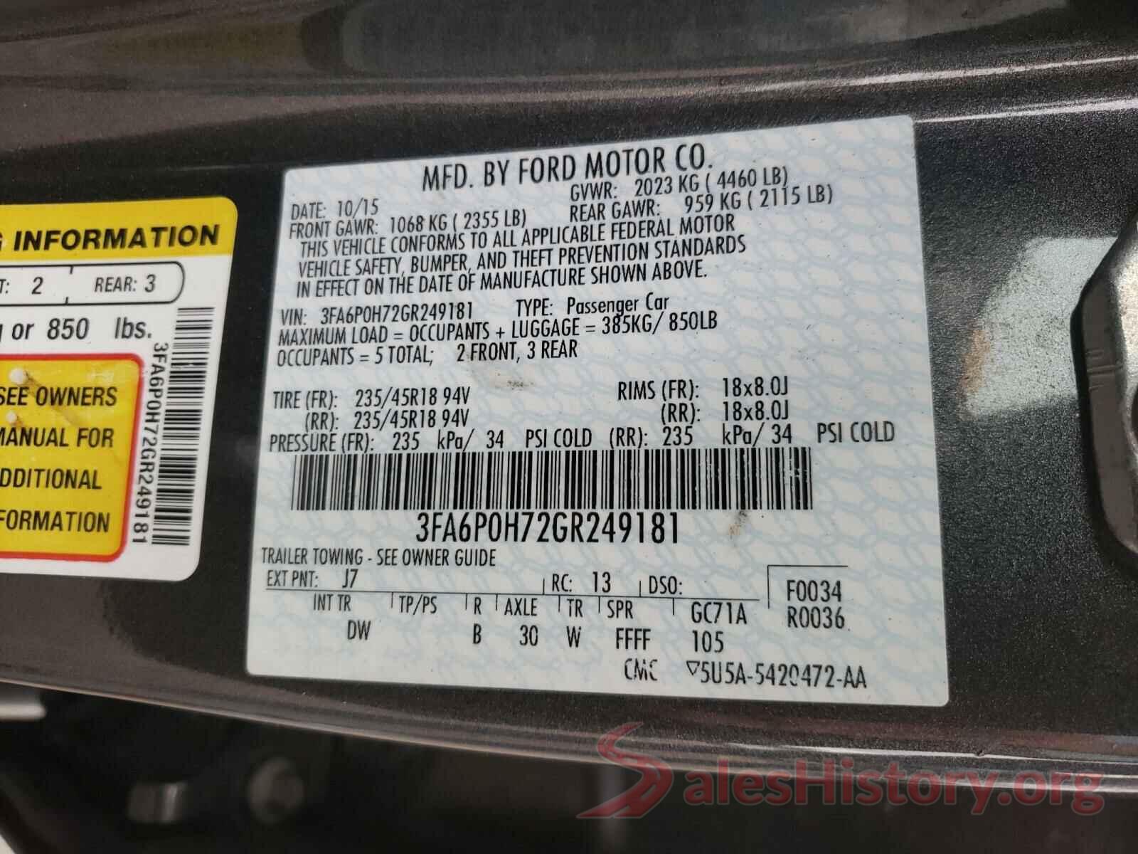 3FA6P0H72GR249181 2016 FORD FUSION