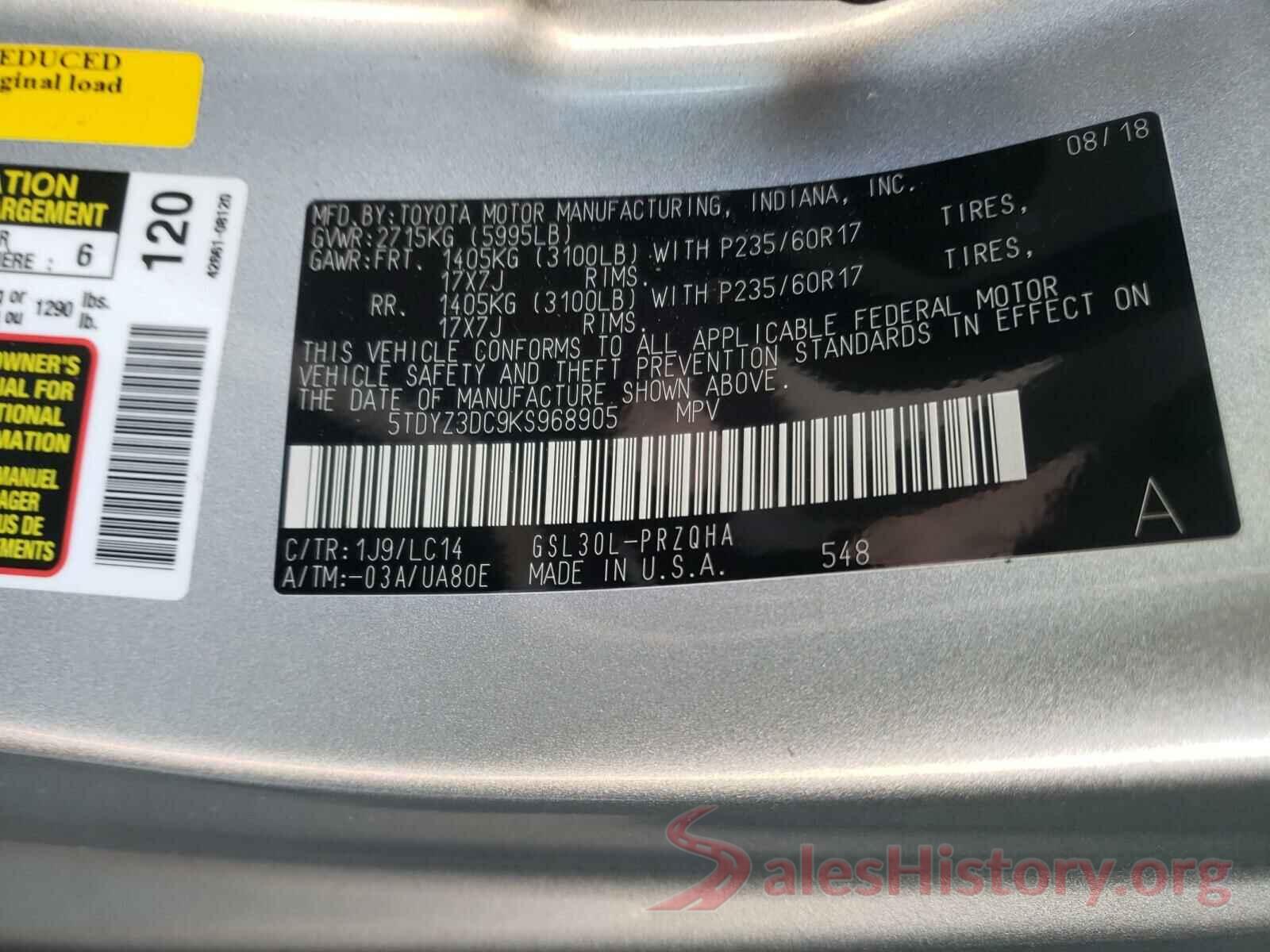 5TDYZ3DC9KS968905 2019 TOYOTA SIENNA