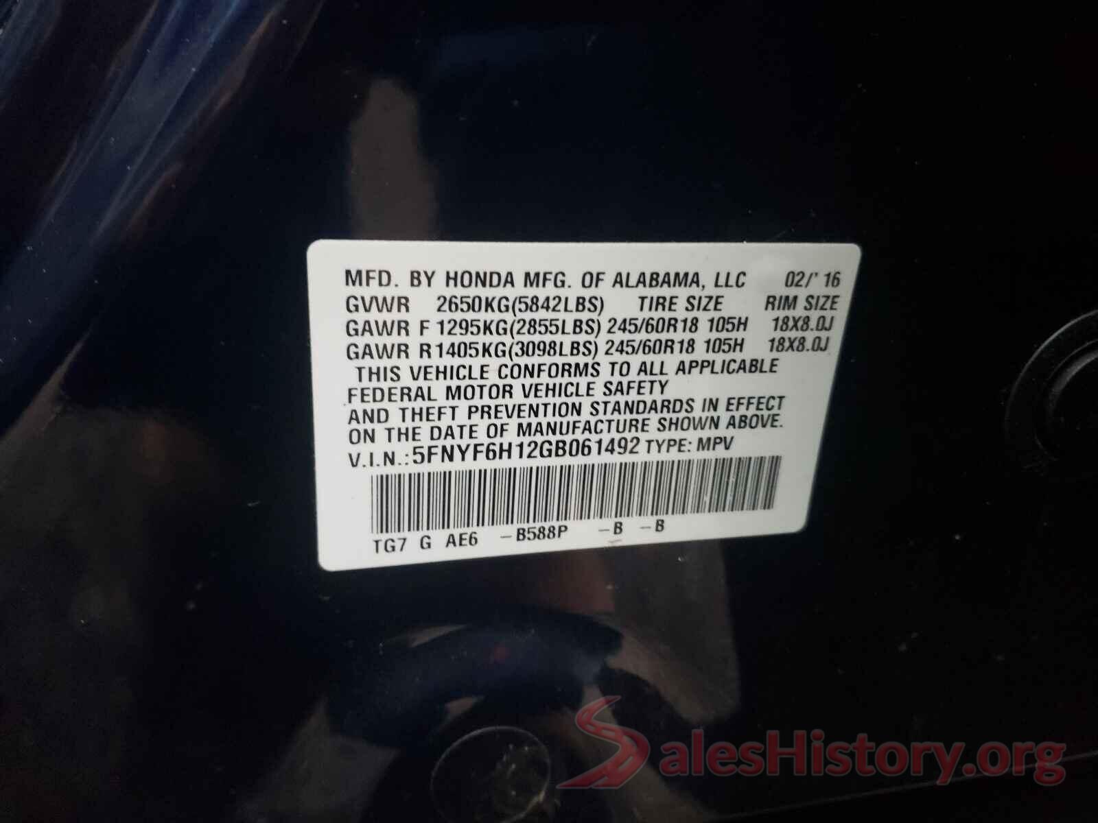 5FNYF6H12GB061492 2016 HONDA PILOT