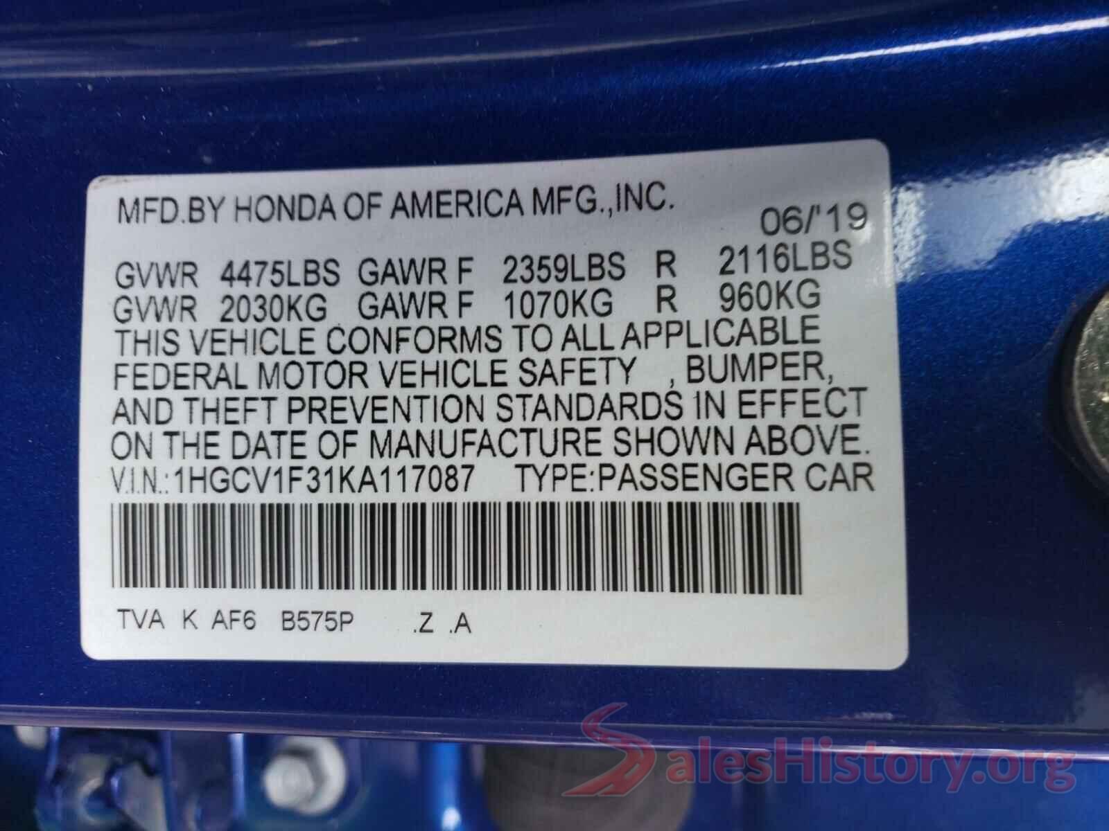 1HGCV1F31KA117087 2019 HONDA ACCORD