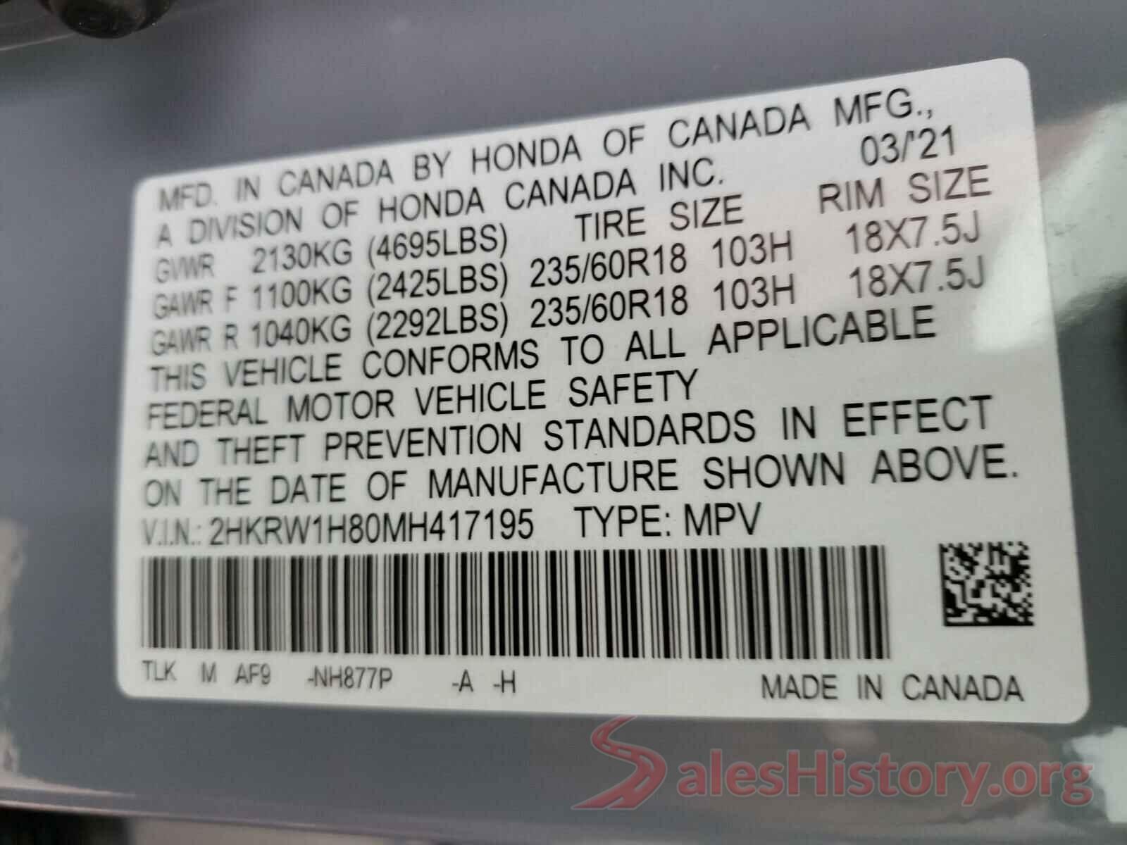 2HKRW1H80MH417195 2021 HONDA CRV