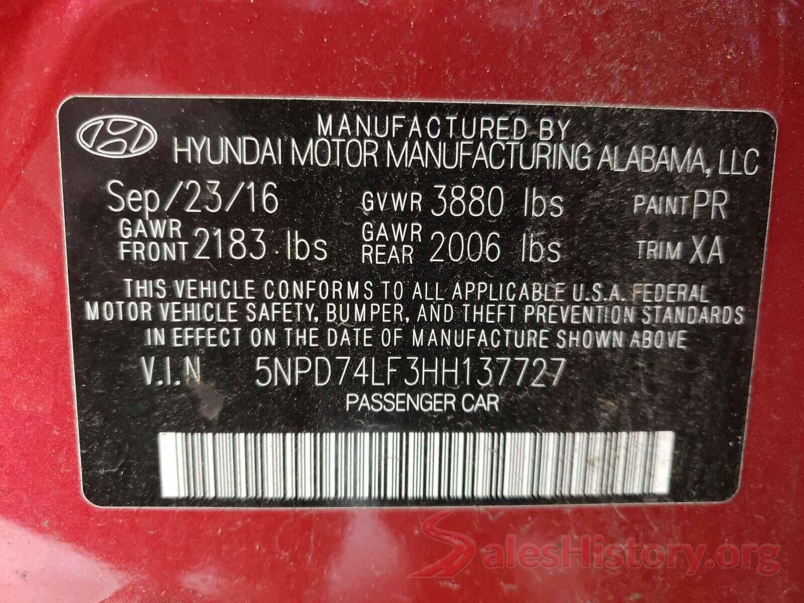 5NPD74LF3HH137727 2017 HYUNDAI ELANTRA