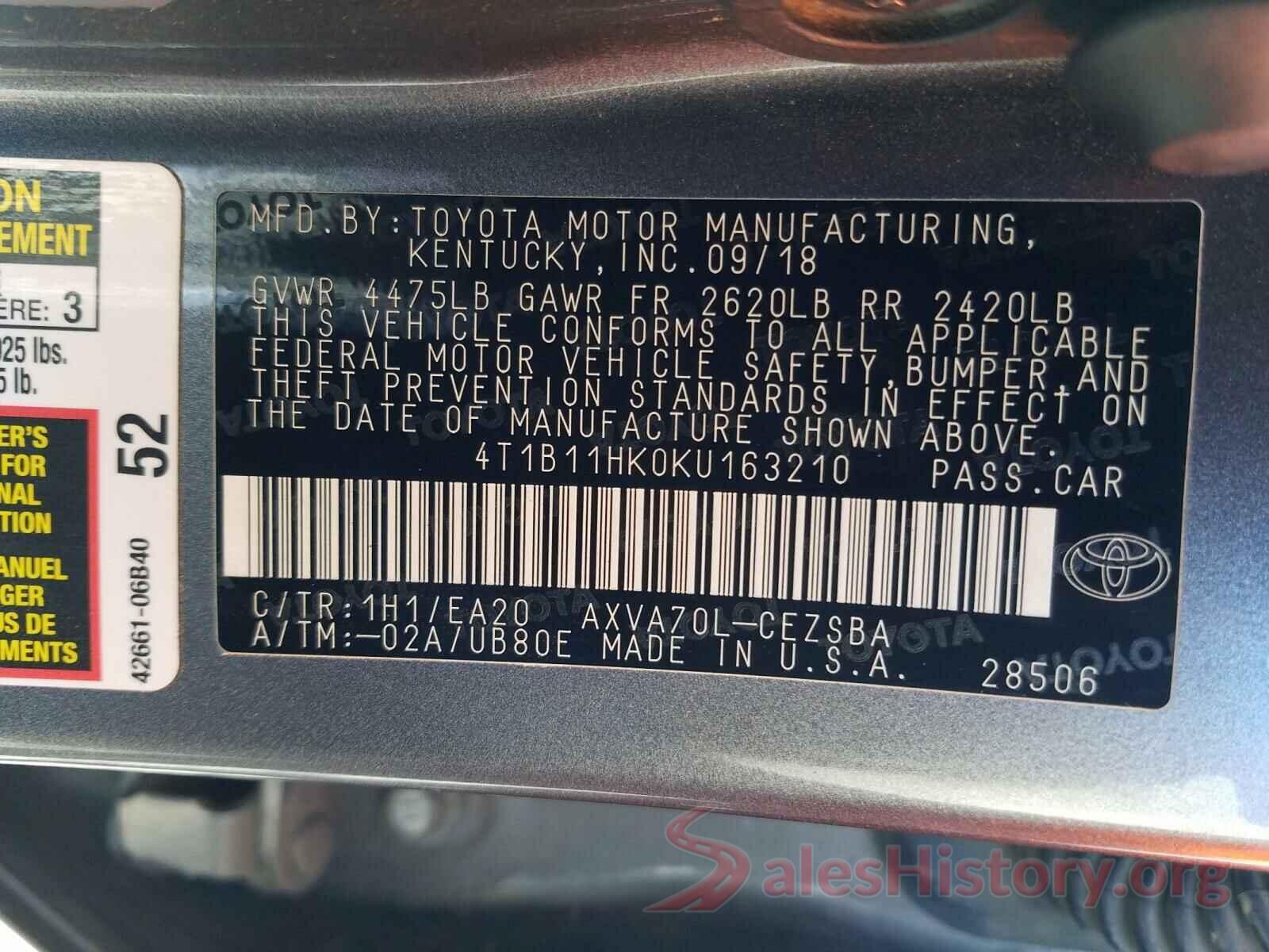 4T1B11HK0KU163210 2019 TOYOTA CAMRY