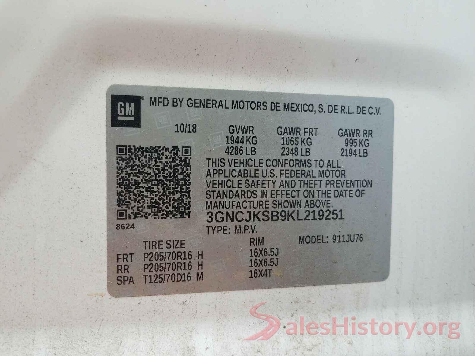 3GNCJKSB9KL219251 2019 CHEVROLET TRAX