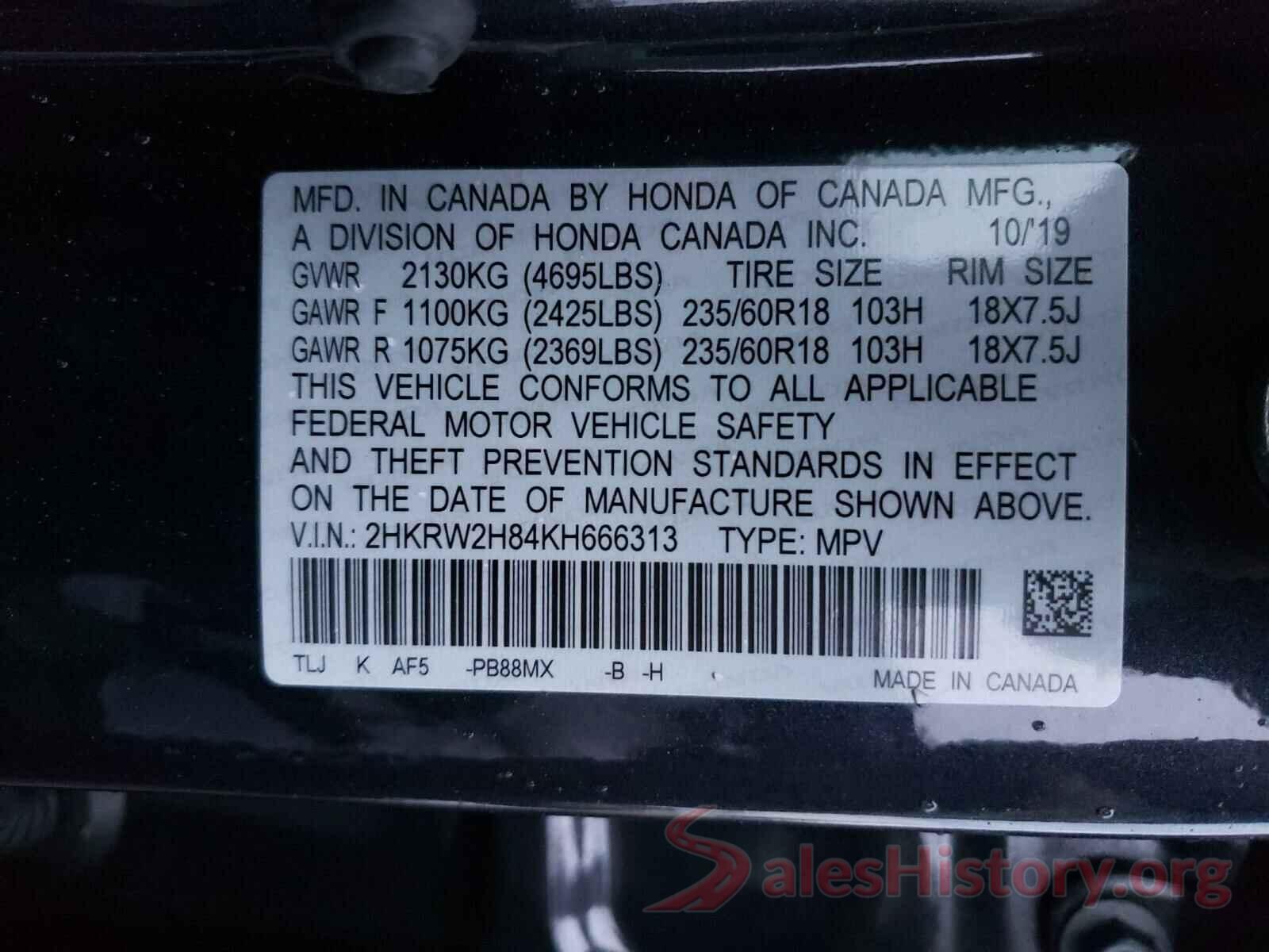 2HKRW2H84KH666313 2019 HONDA CRV