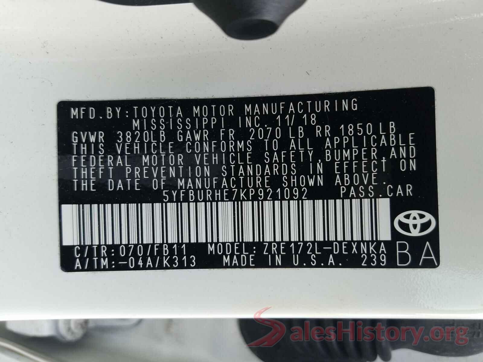 5YFBURHE7KP921092 2019 TOYOTA COROLLA