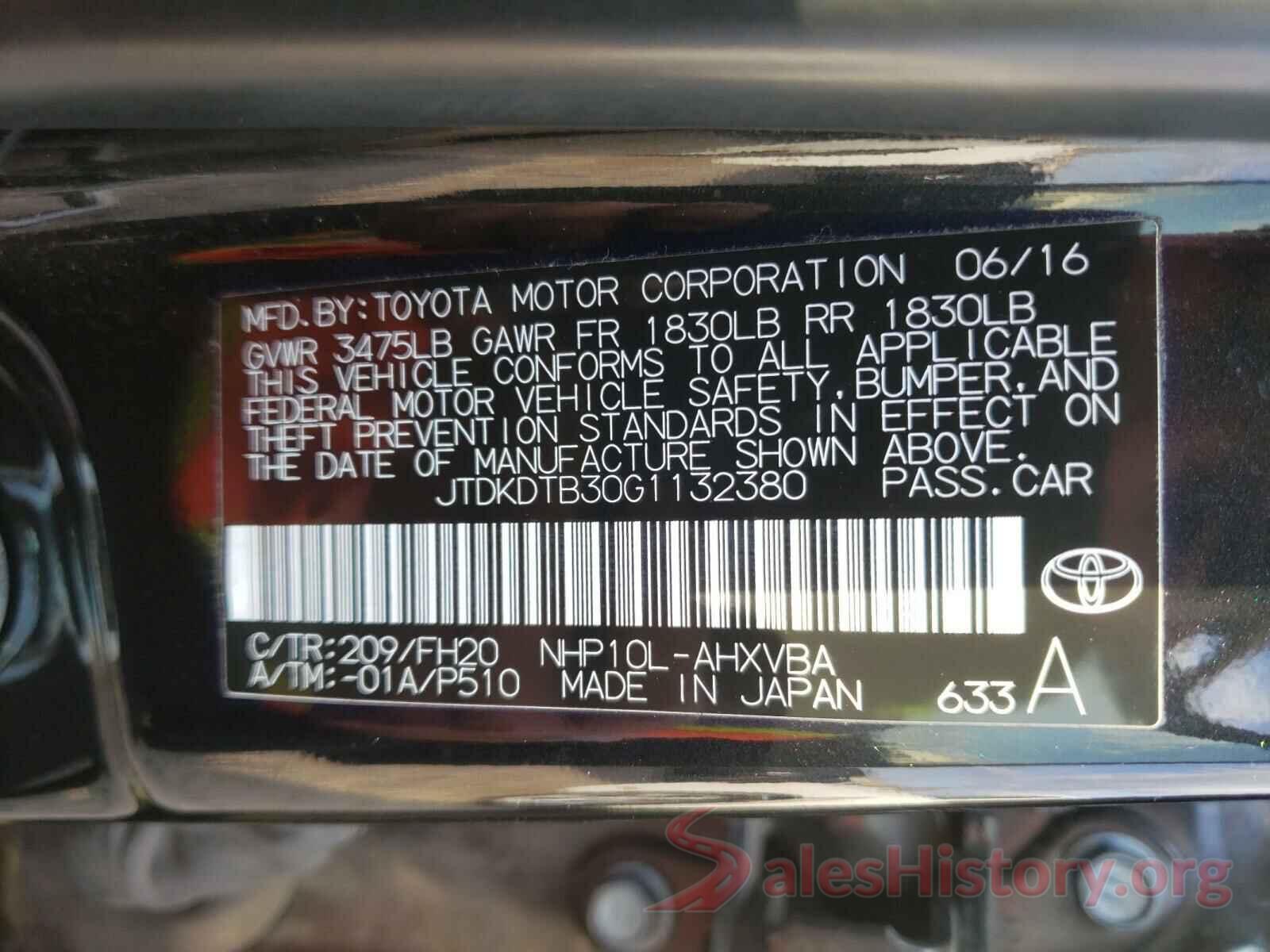 JTDKDTB30G1132380 2016 TOYOTA PRIUS