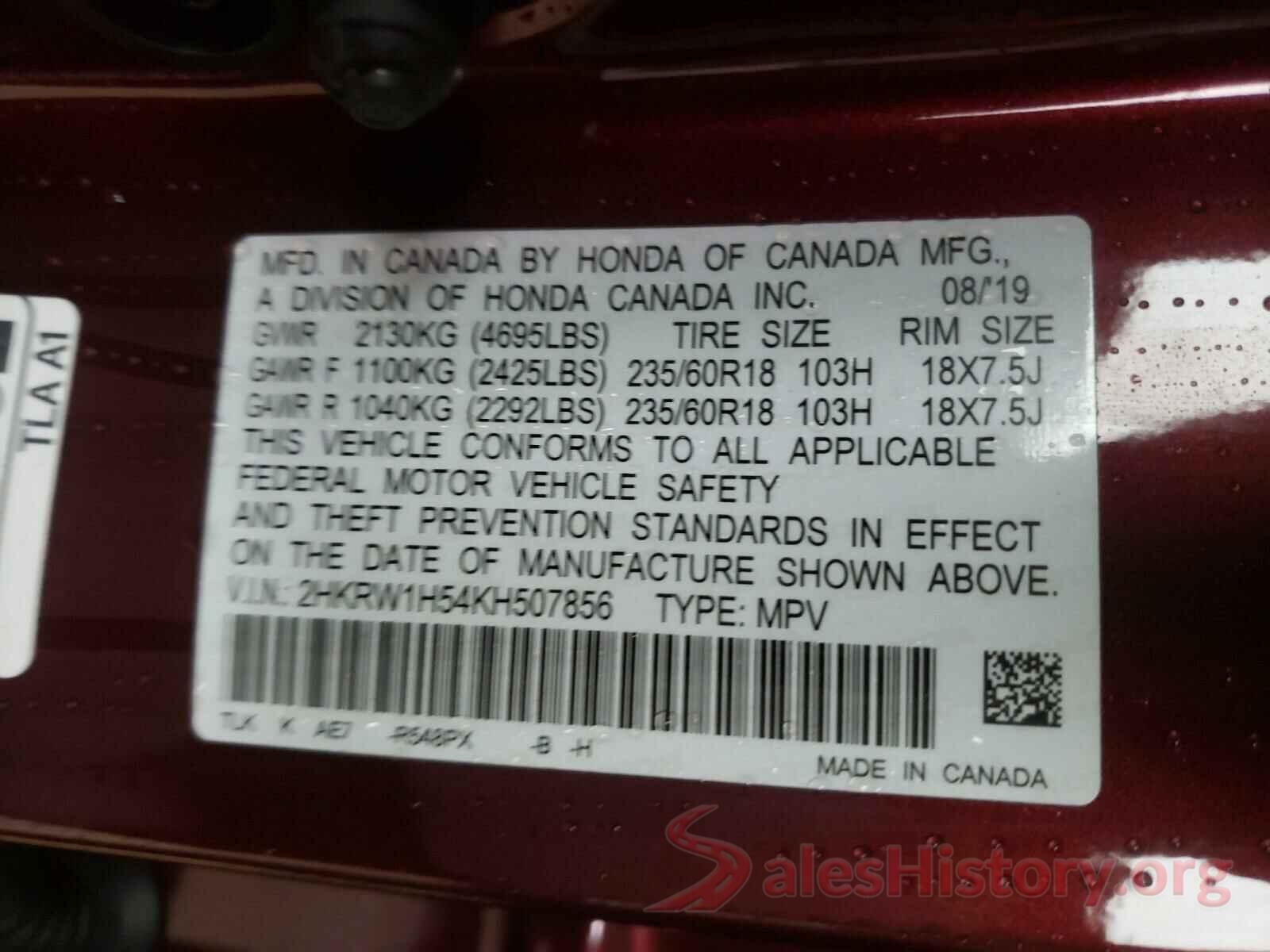 2HKRW1H54KH507856 2019 HONDA CRV