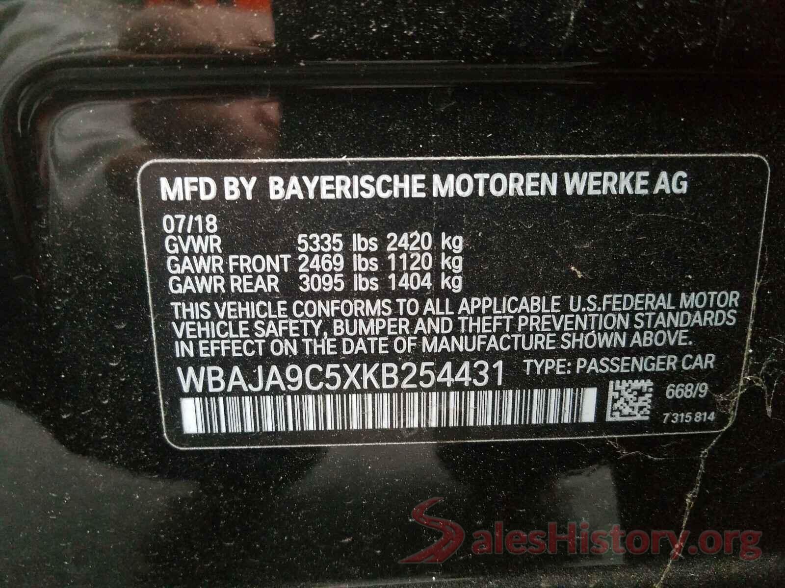 WBAJA9C5XKB254431 2019 BMW 5 SERIES