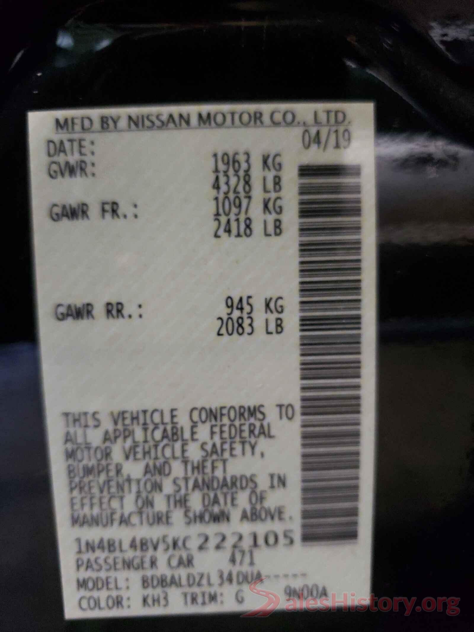 1N4BL4BV5KC222105 2019 NISSAN ALTIMA