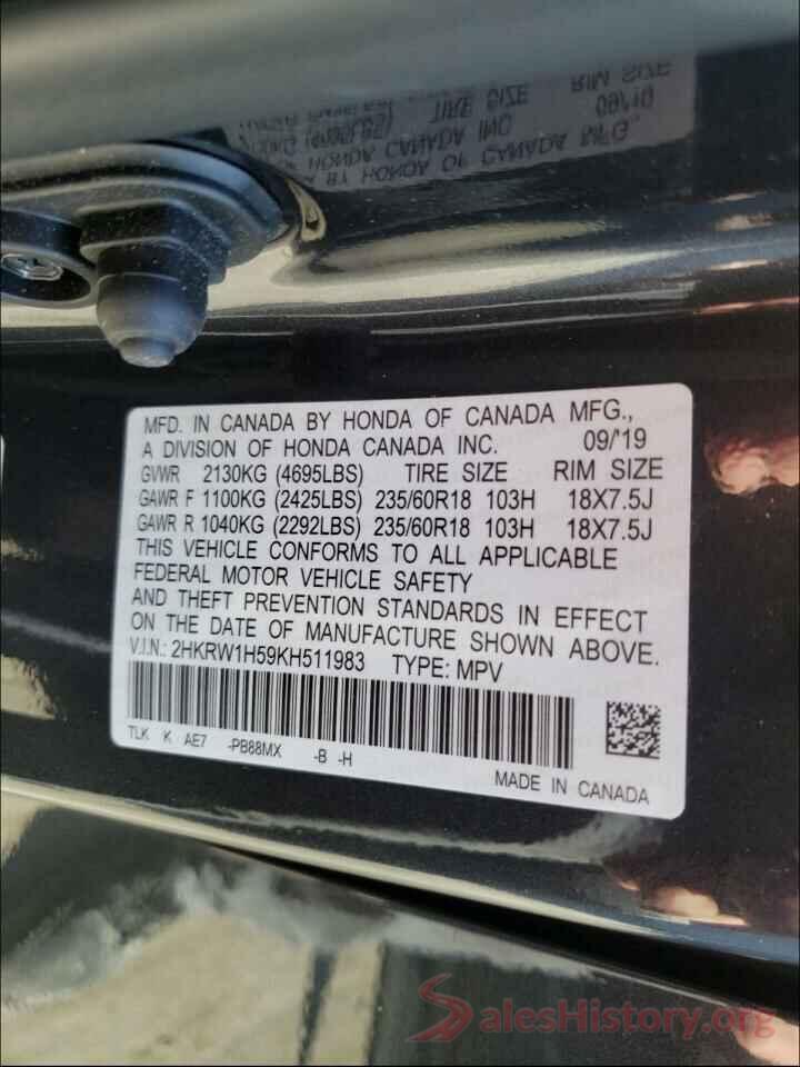 2HKRW1H59KH511983 2019 HONDA CRV