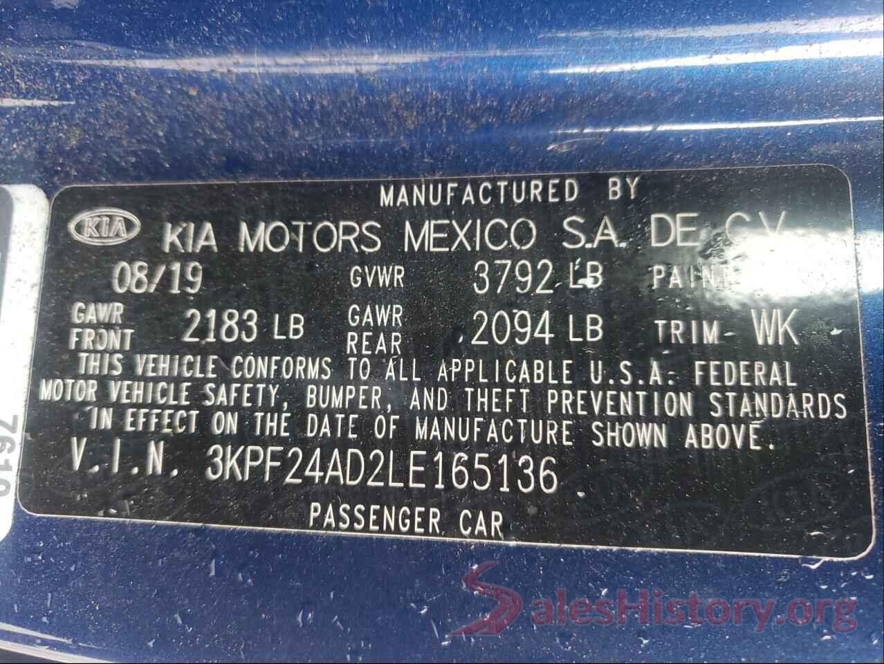 3KPF24AD2LE165136 2020 KIA FORTE