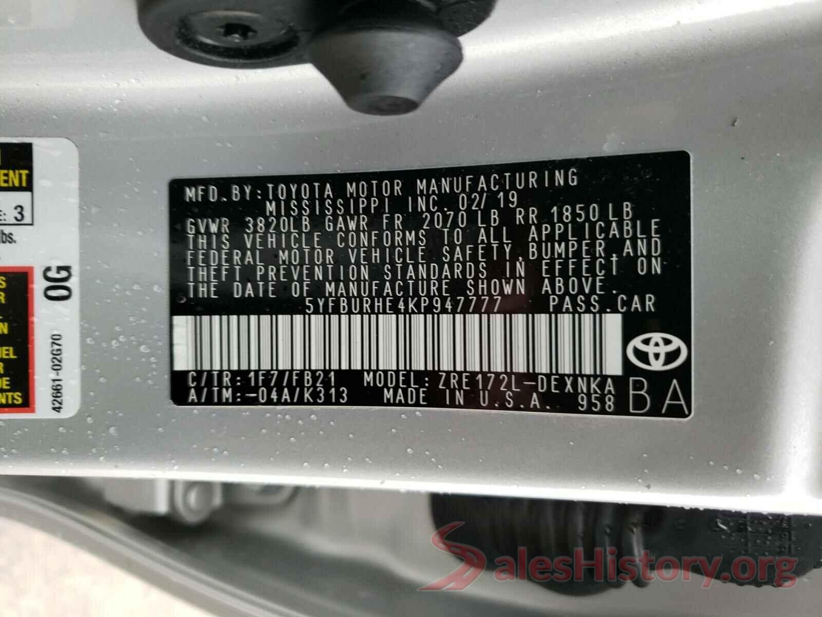 5YFBURHE4KP947777 2019 TOYOTA COROLLA