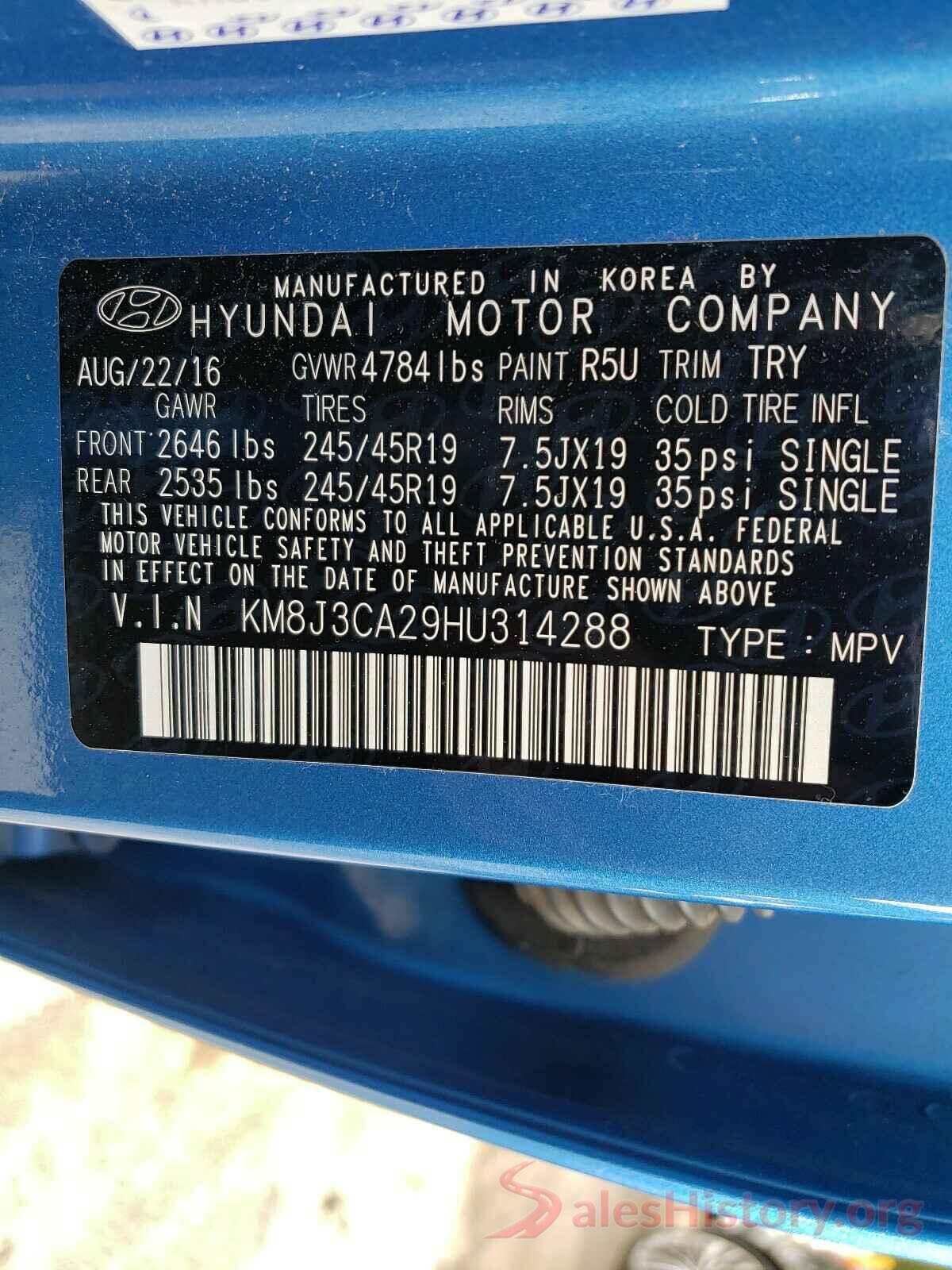 KM8J3CA29HU314288 2017 HYUNDAI TUCSON