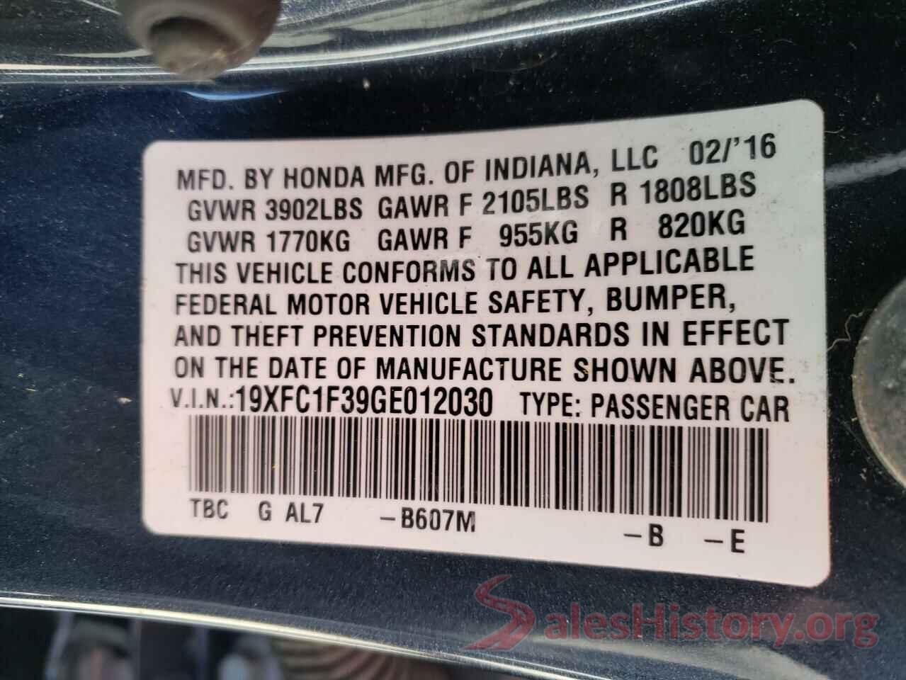 19XFC1F39GE012030 2016 HONDA CIVIC