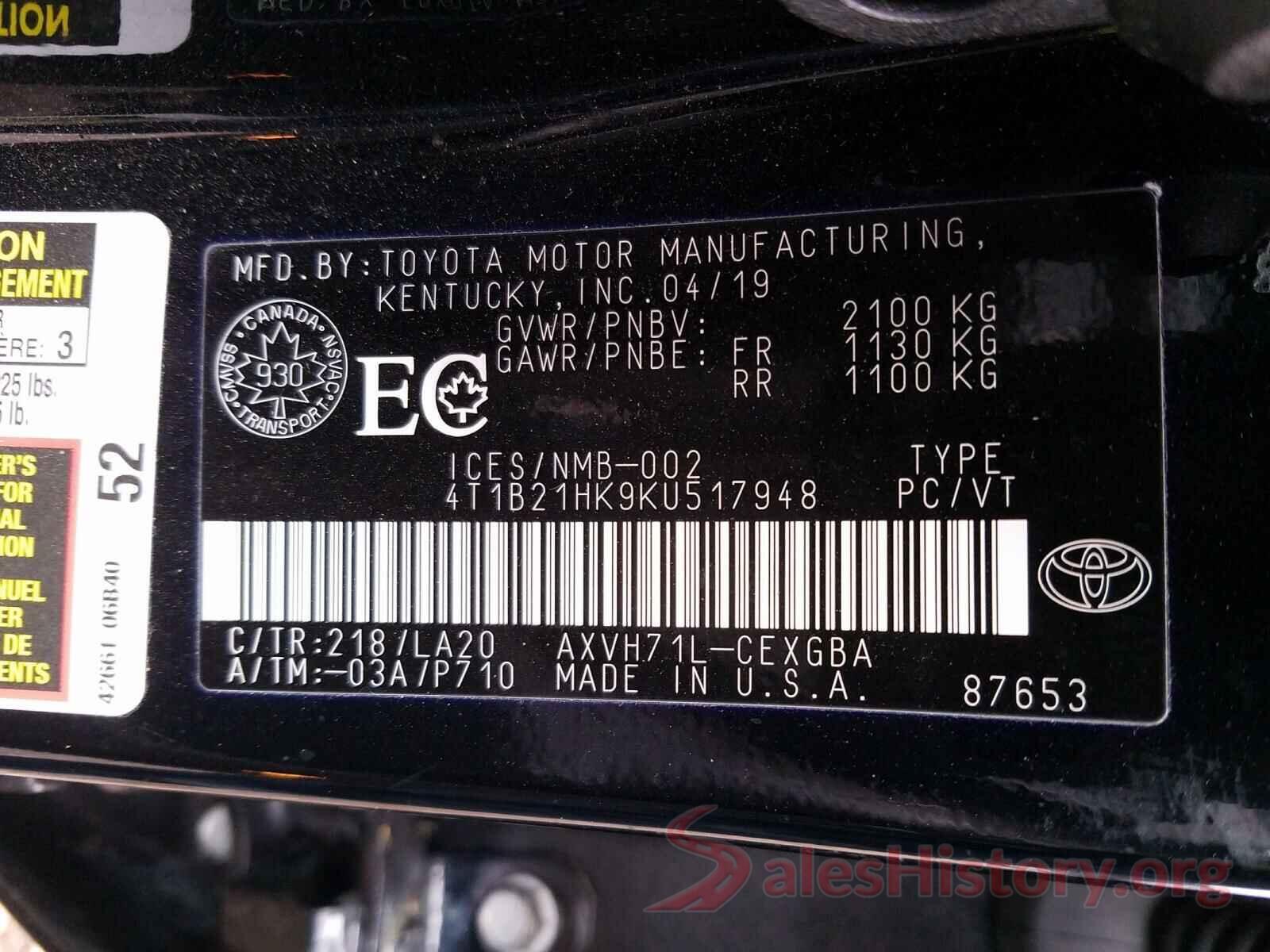 4T1B21HK9KU517948 2019 TOYOTA CAMRY