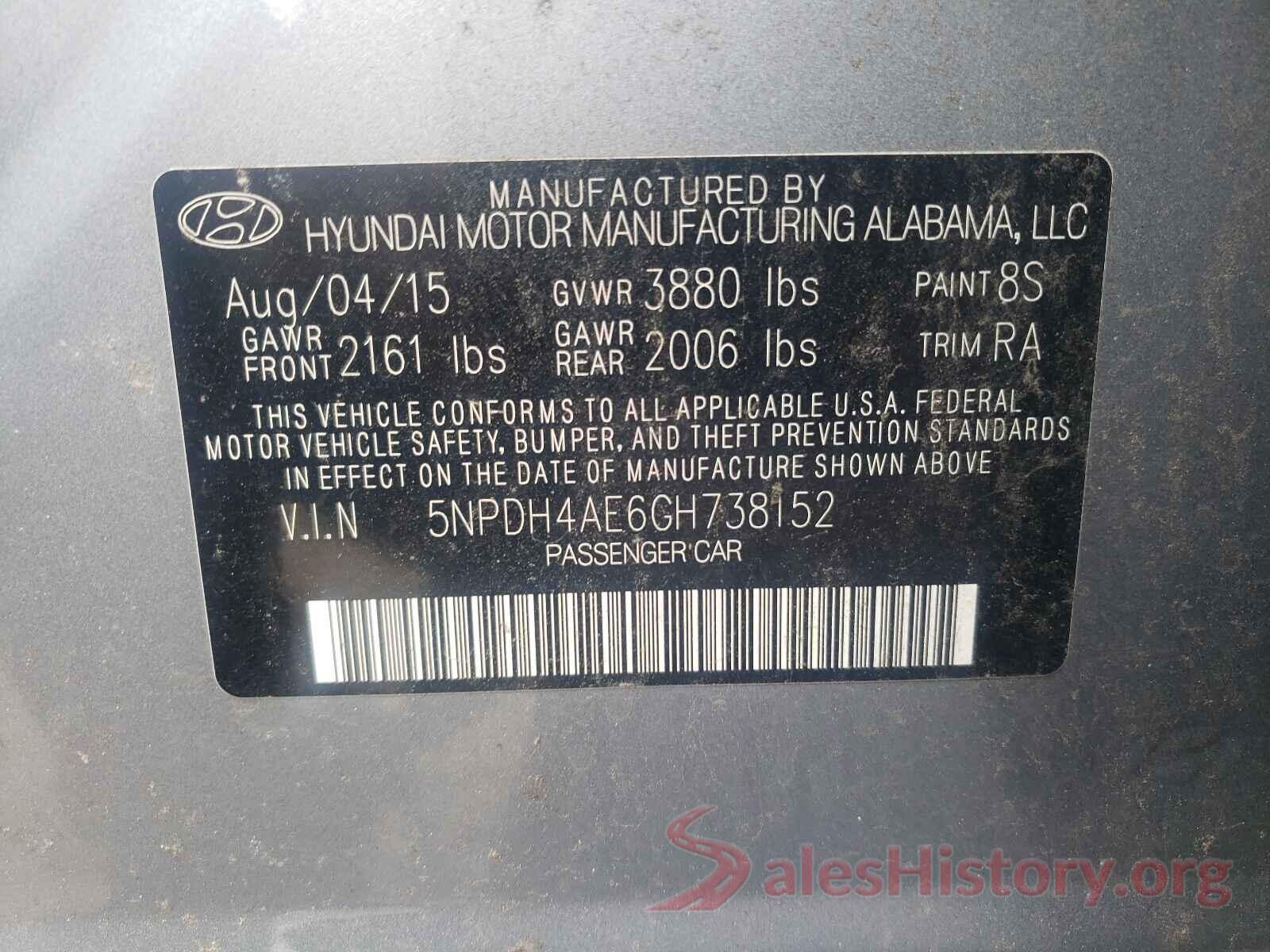 5NPDH4AE6GH738152 2016 HYUNDAI ELANTRA