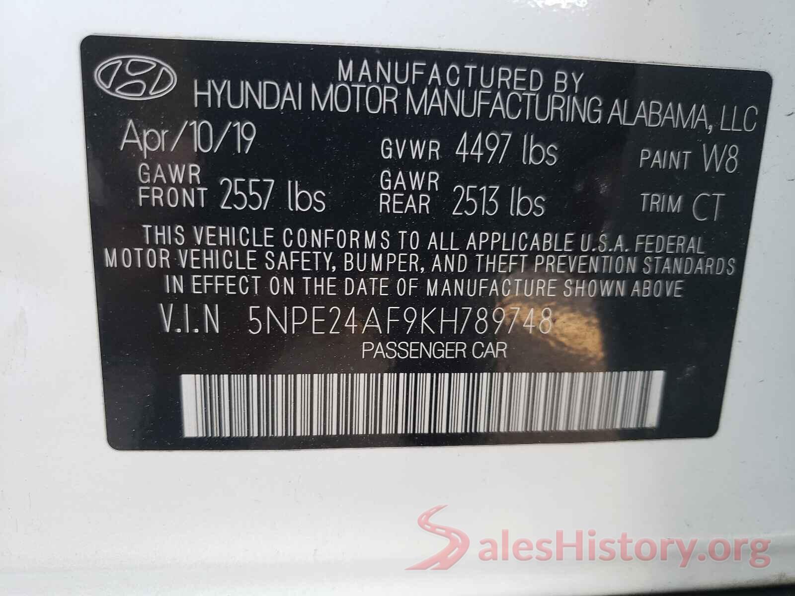 5NPE24AF9KH789748 2019 HYUNDAI SONATA