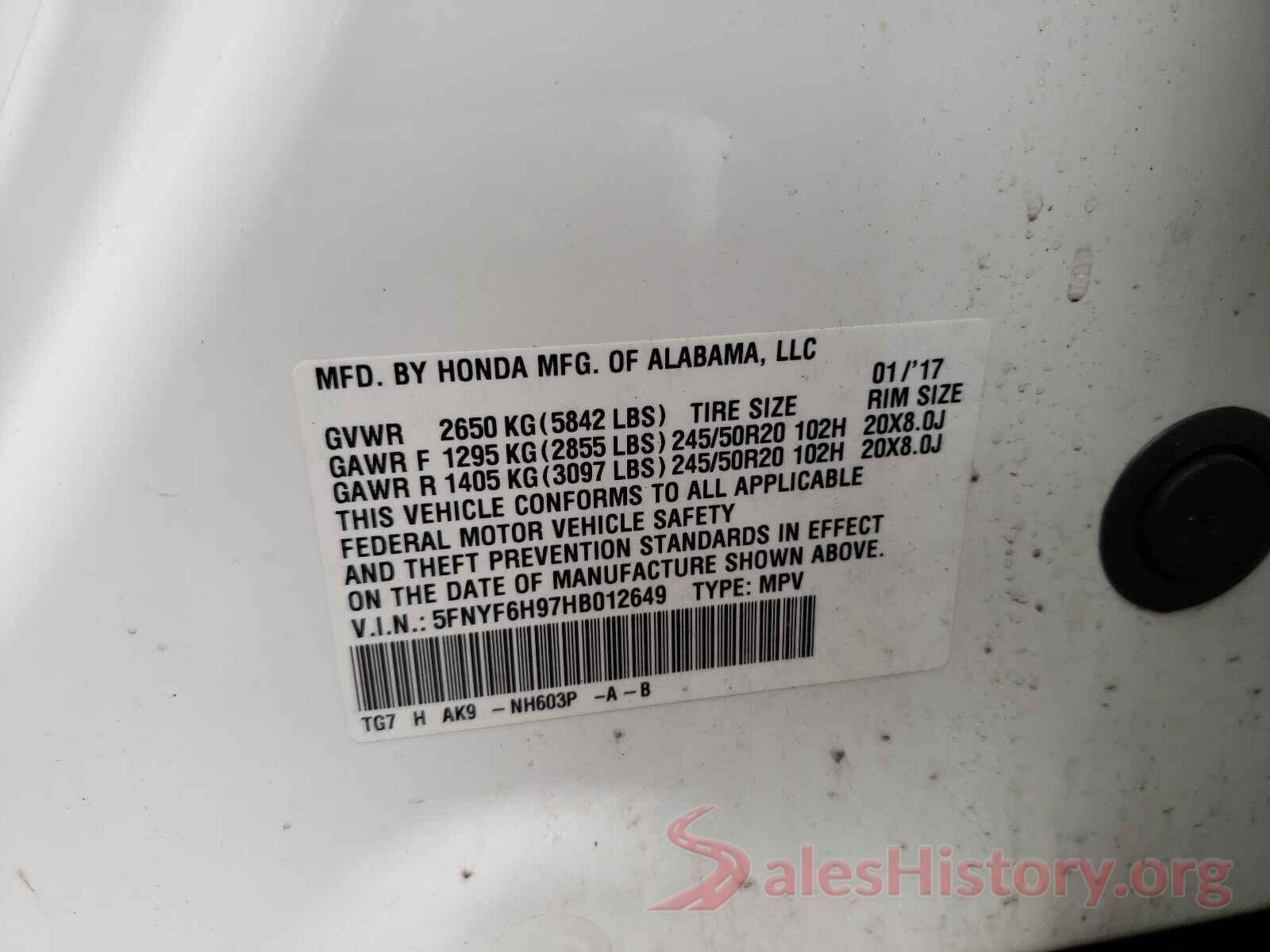 5FNYF6H97HB012649 2017 HONDA PILOT