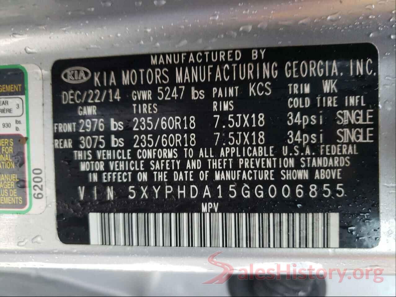 5XYPHDA15GG006855 2016 KIA SORENTO