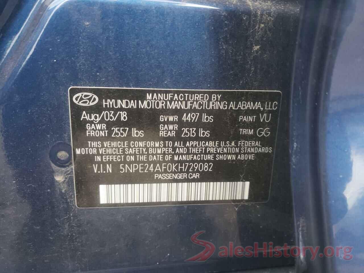 5NPE24AF0KH729082 2019 HYUNDAI SONATA