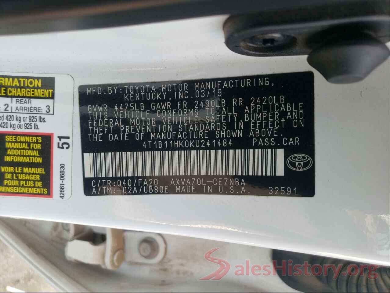 4T1B11HK0KU241484 2019 TOYOTA CAMRY