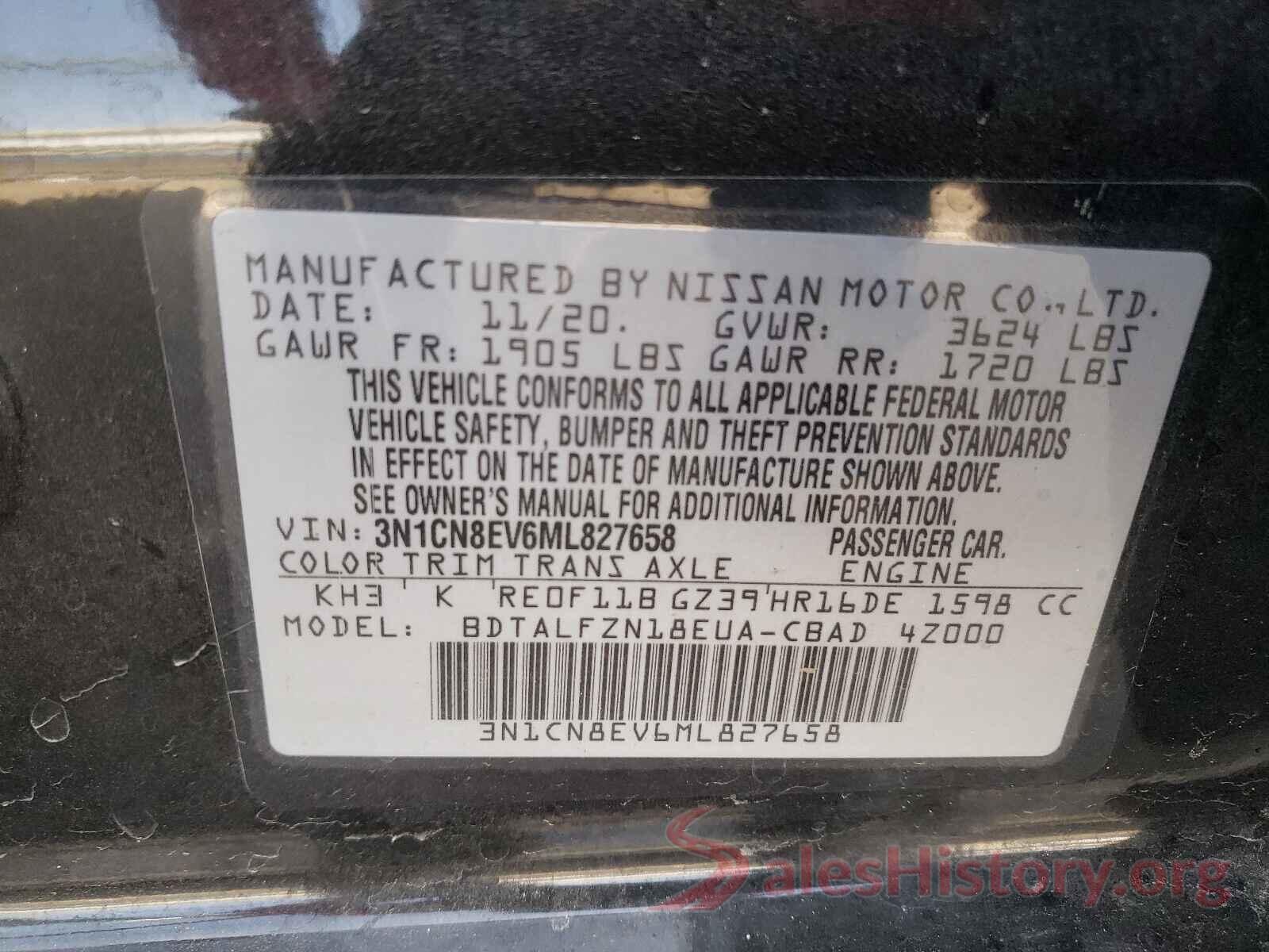 3N1CN8EV6ML827658 2021 NISSAN VERSA