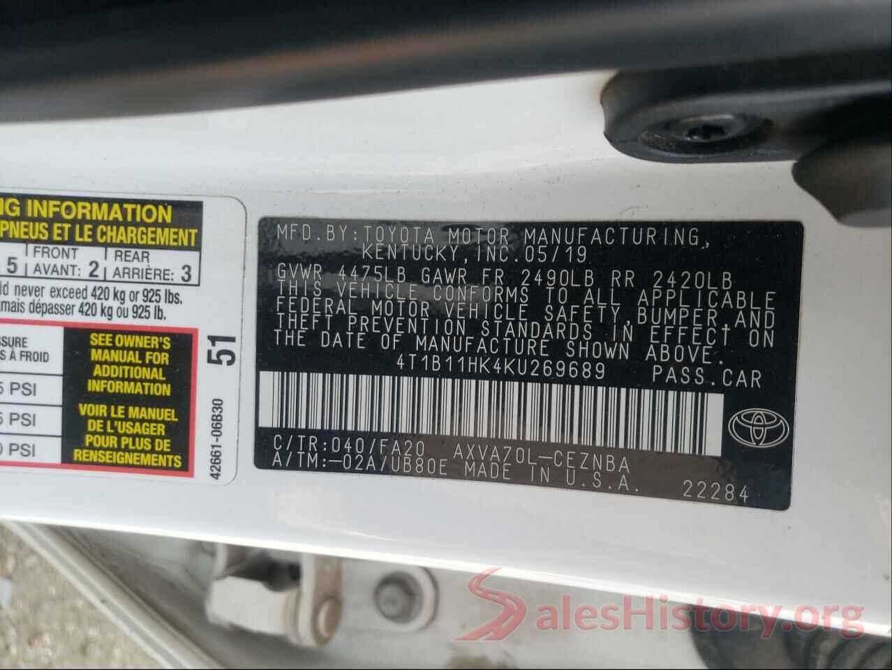 4T1B11HK4KU269689 2019 TOYOTA CAMRY