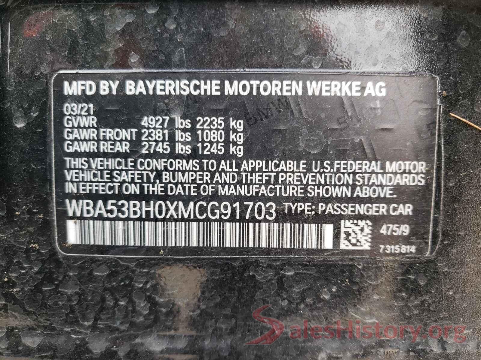 WBA53BH0XMCG91703 2021 BMW 5 SERIES