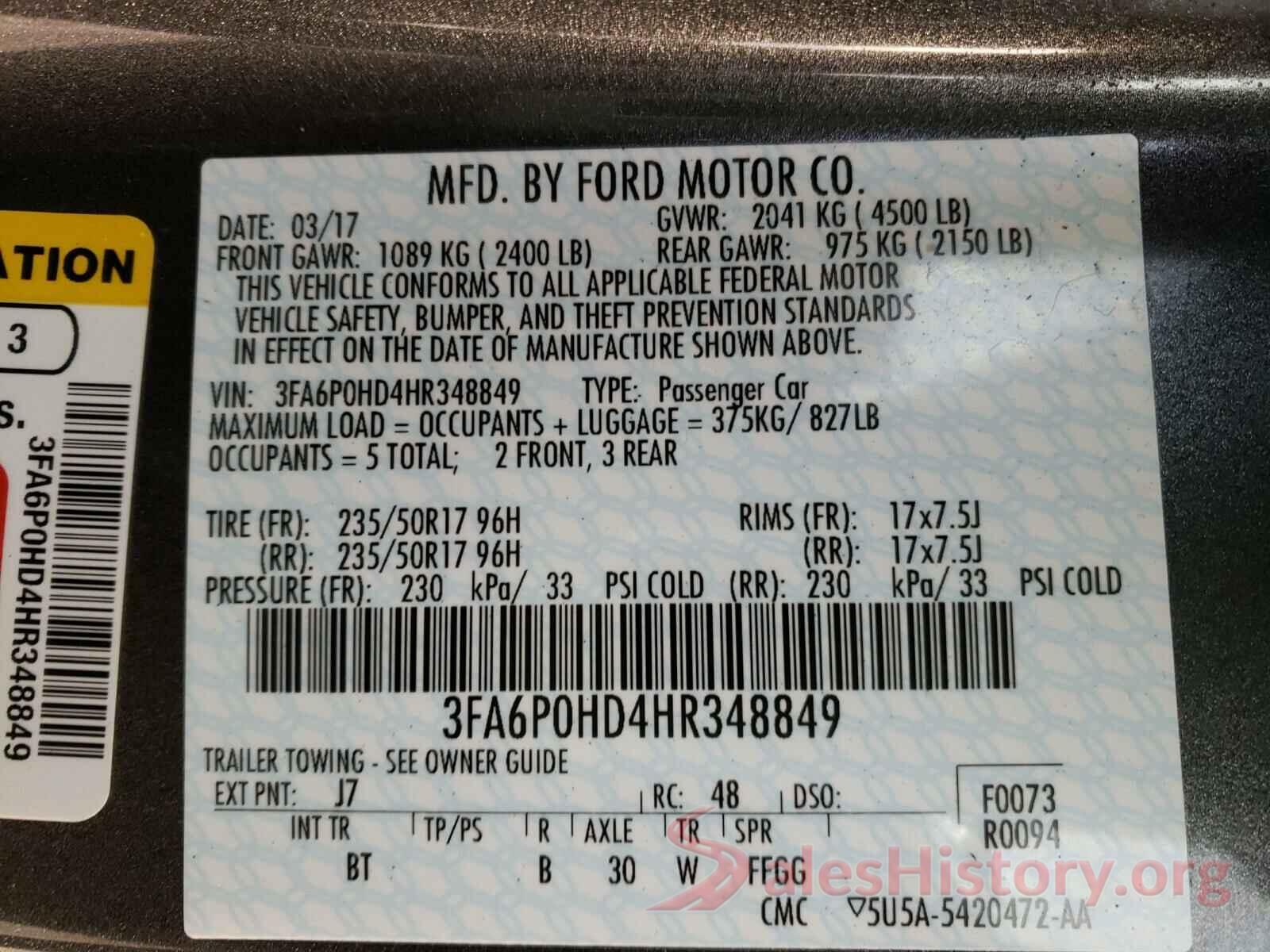 3FA6P0HD4HR348849 2017 FORD FUSION