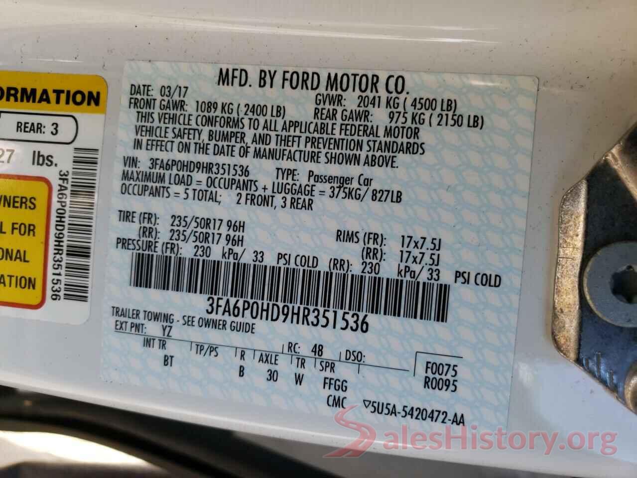 3FA6P0HD9HR351536 2017 FORD FUSION