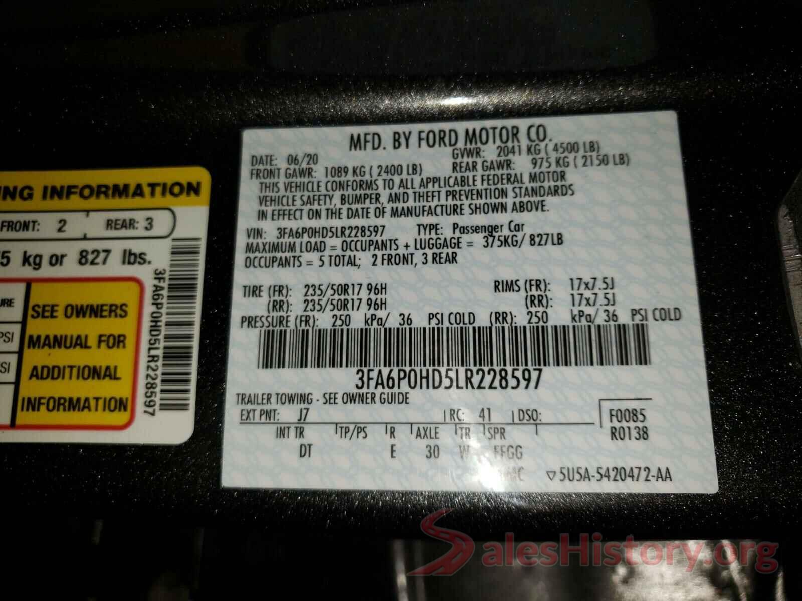 3FA6P0HD5LR228597 2020 FORD FUSION